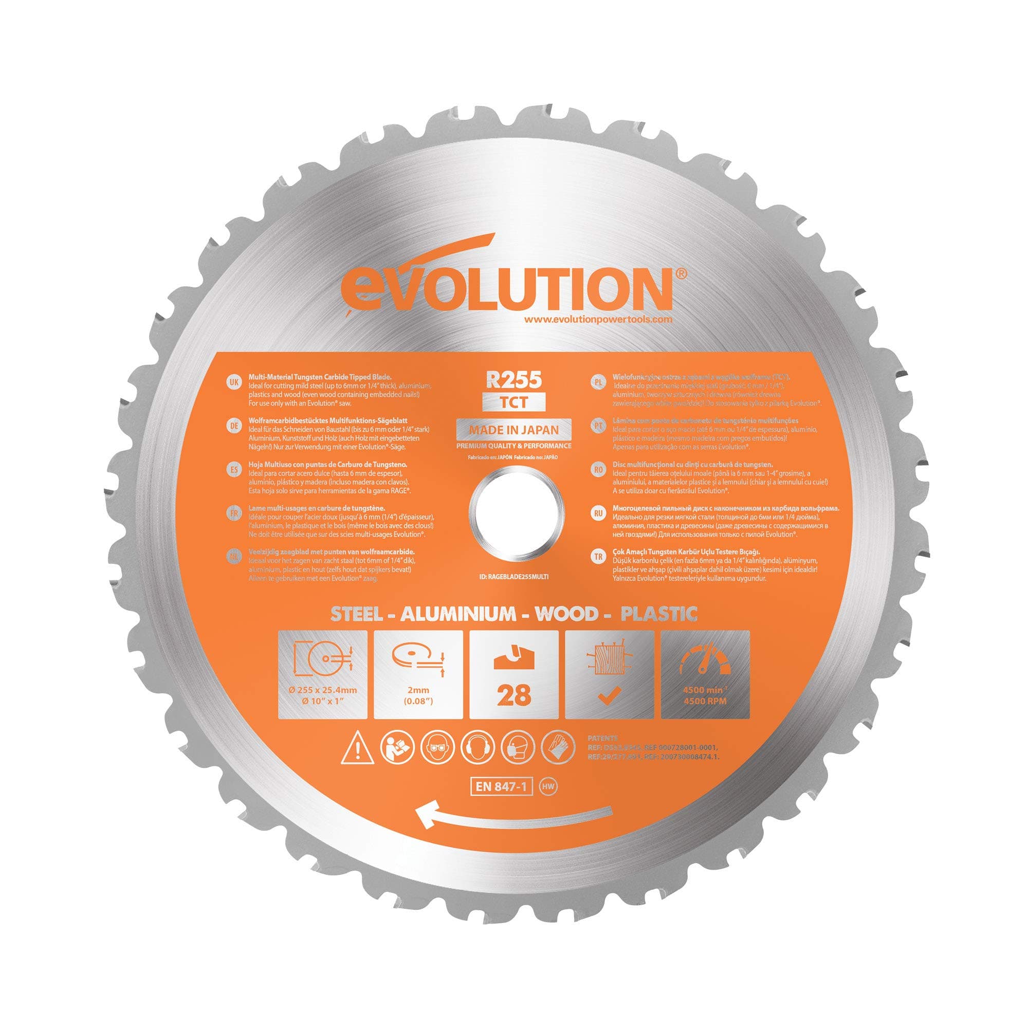 Evolution Power Tools R255TCT-28T - 255 mm Multi Material Mitre Saw Blade - Carbide Tipped Blade Cuts Wood, Metal and Plastic