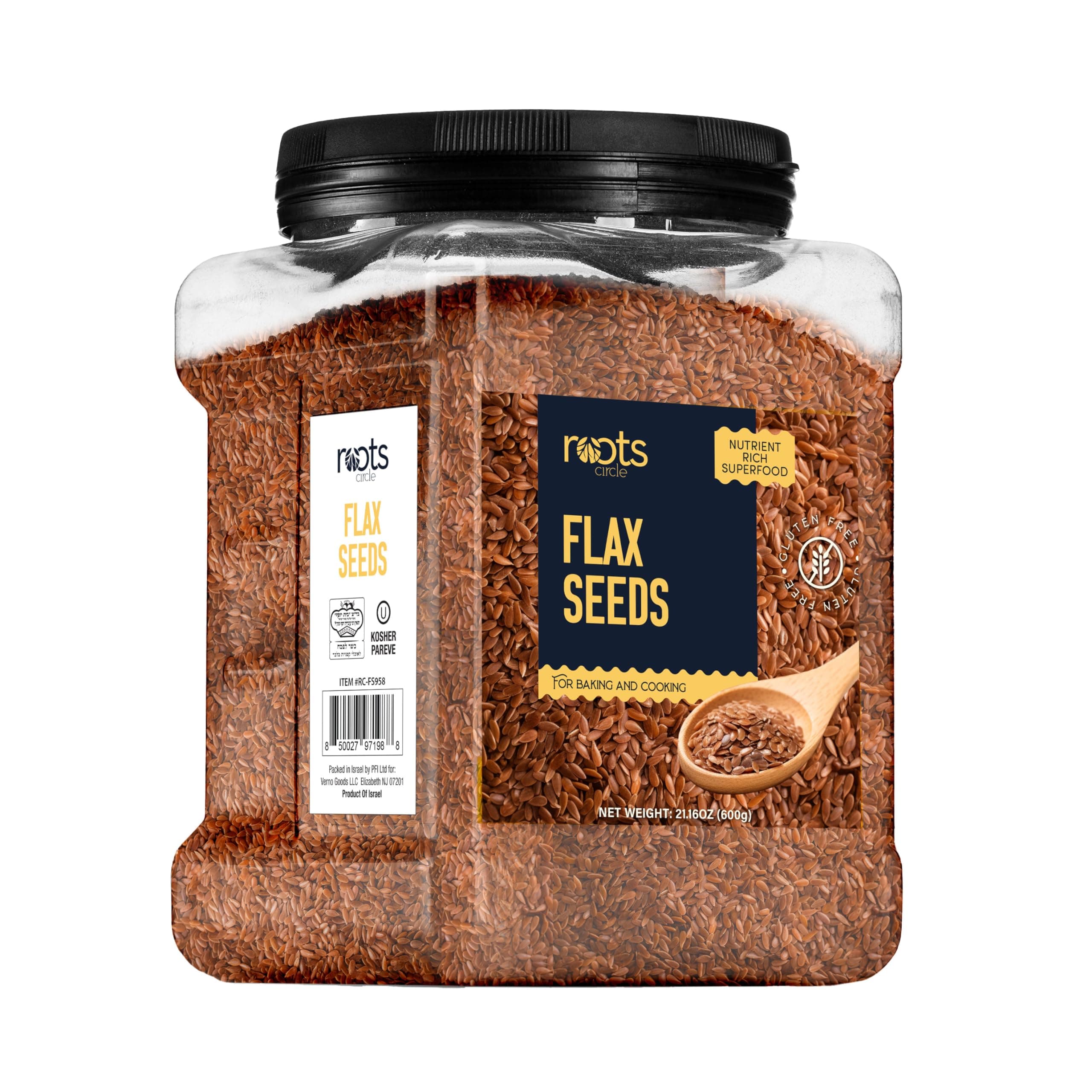 Roots Circle Premium Brown Whole Raw Flax Seeds - Rich in Fiber, Omega-3 Fatty Acids | Great for Baking, Salads, Smoothies & Protein Balls | Premium Flaxseeds | Kosher Bulk 1 Pack of 21oz