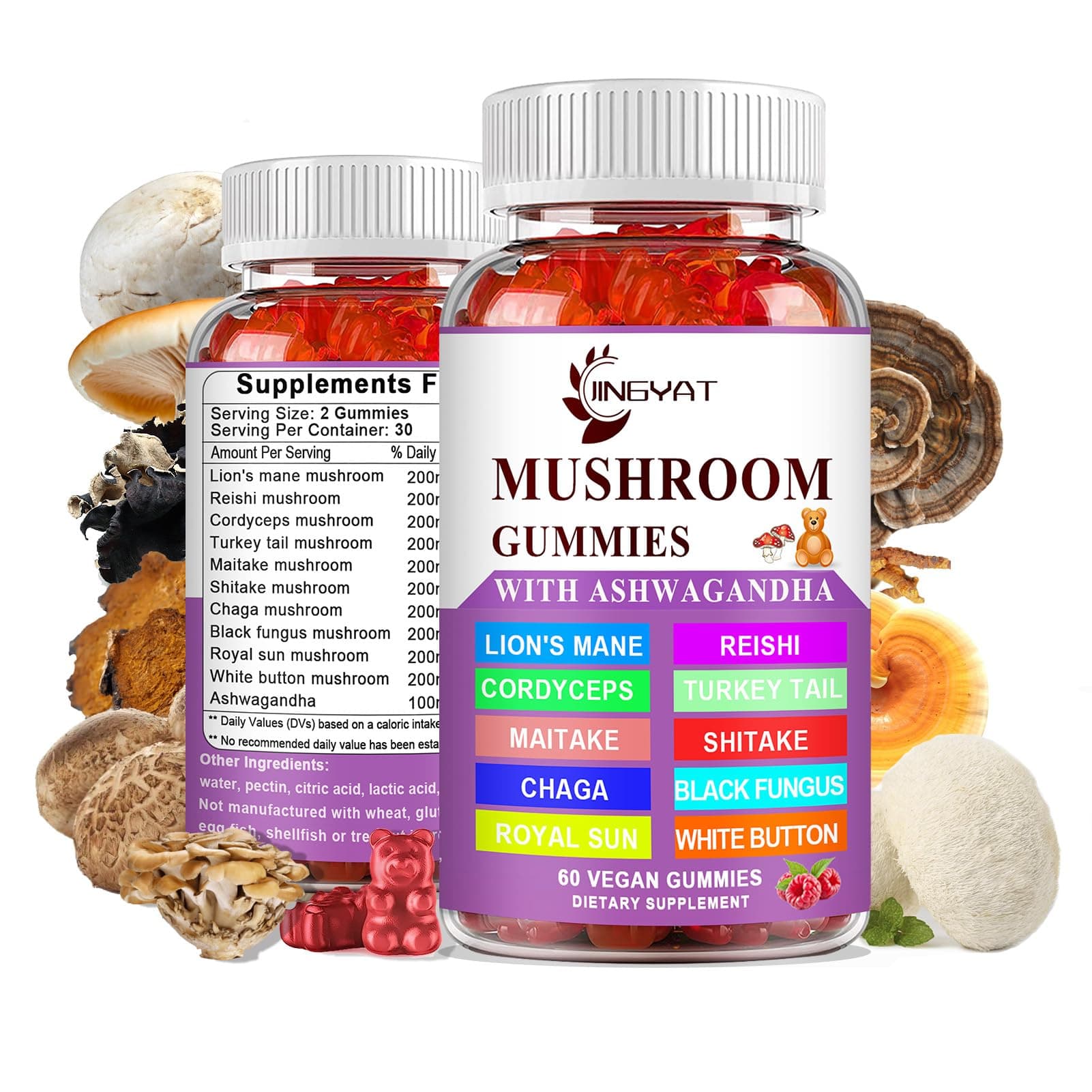 10-in-1 Mushroom Gummies with Ashwagandha, Blend with Lions Mane, Cordyceps, Reishi and More, Natural Vegan Mushroom Complex Supplement for Immune, Energy, Clarity & Cognitive