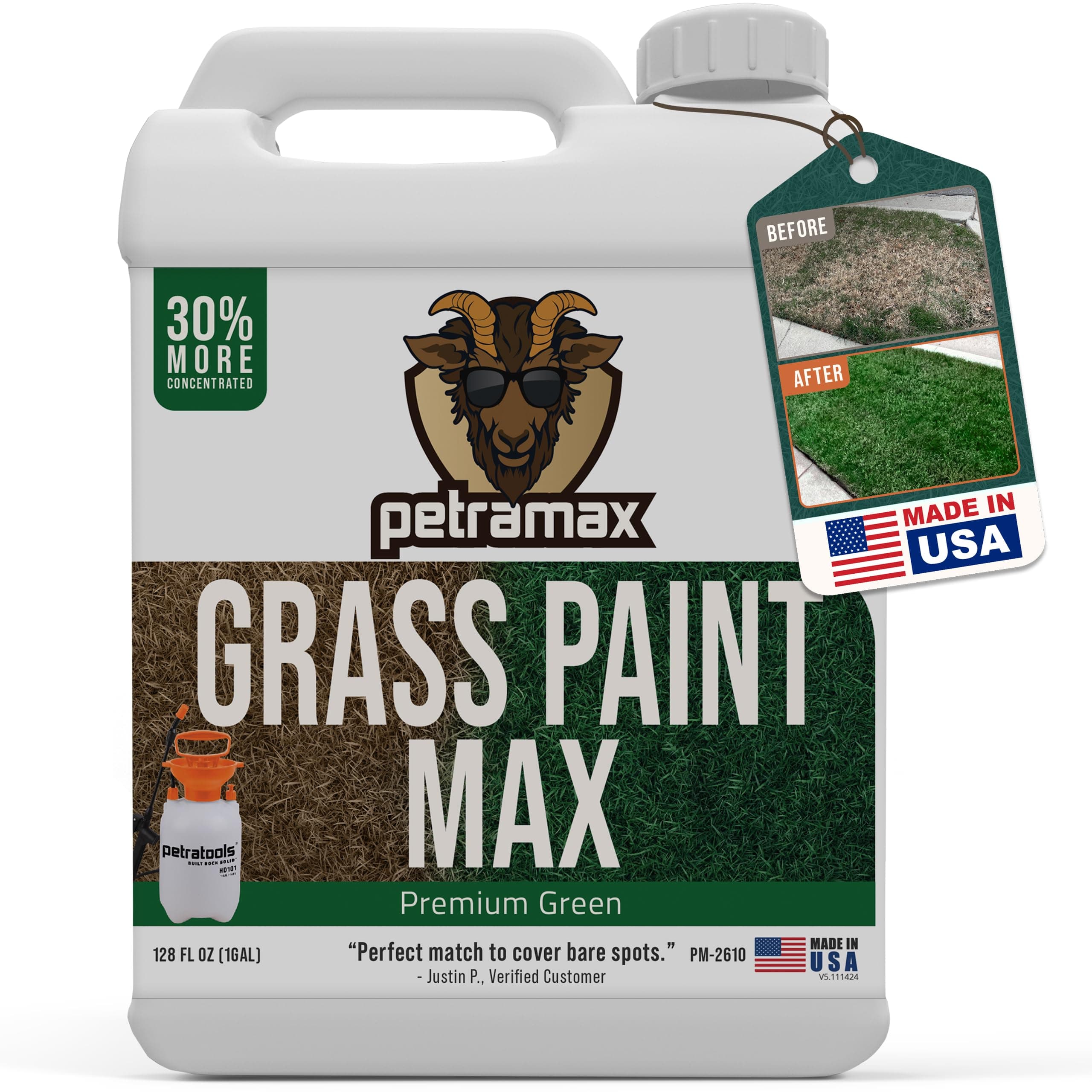 PetraMax Max Grass Paint for Lawn - Maintain Perfect Green Grass, Spray for Lawn & Shrubs Green Spray, Paint Pair with Petra Sprayers - Touch up Dog Spots - Non-Toxic Safe for Pets (Premium, 1 Gal)
