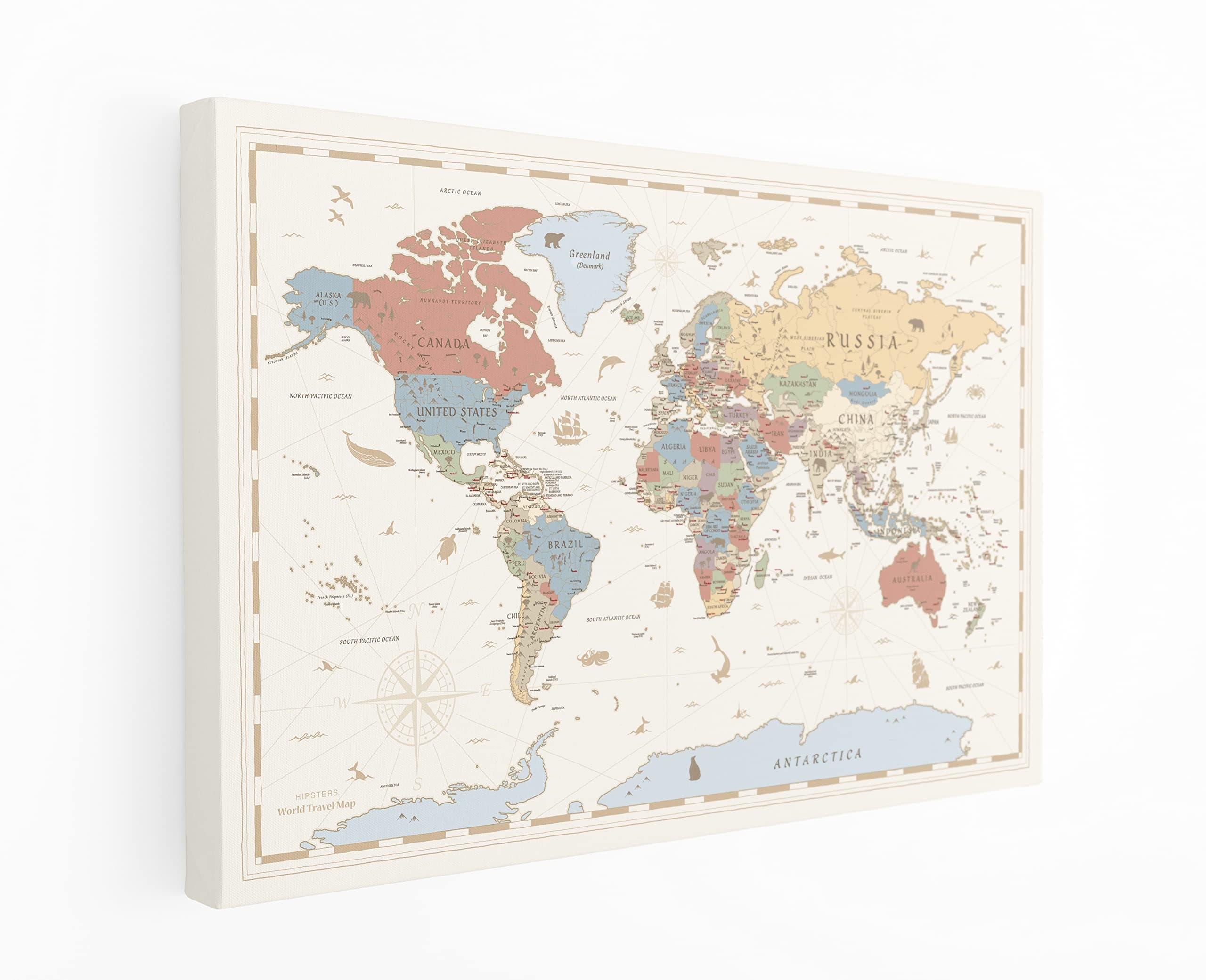 - Hipsters Push Pin World Travel Map - Wall Art for Travel Tracking | Framed Canvas World Map with Push Pins (120 x 80 cm). Detailed Political Globe Map Modern Design for Home Office Gifts (Retro, Off White)