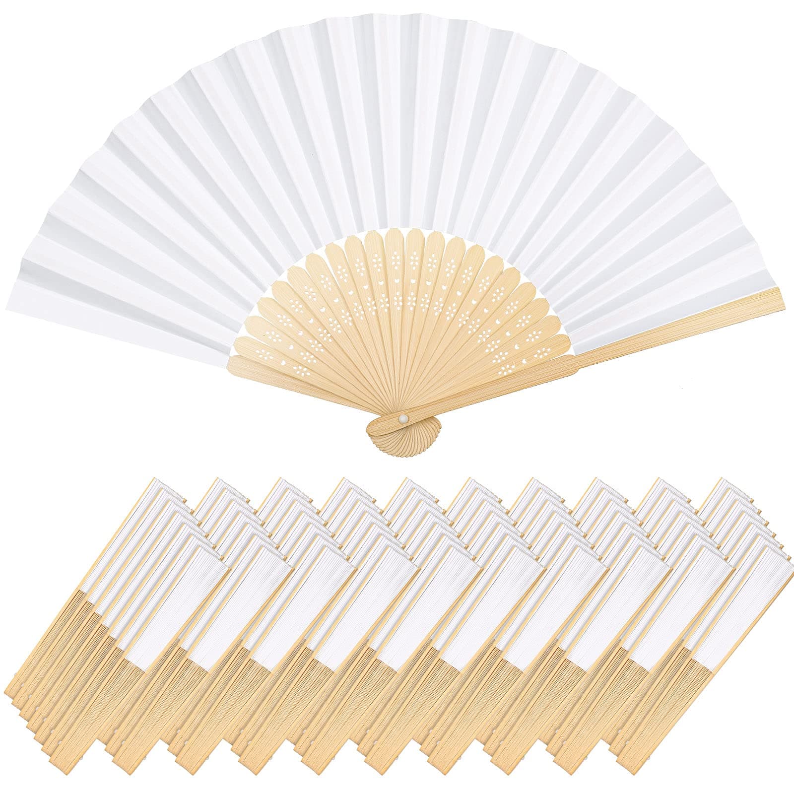 Yookeer 70 Pieces White Paper Hand Held Fan Bamboo Paper Folding Fans for Weddings Foldable Wood Wedding Fans for Guest Bridal Shower Dancing Party DIY Craft Photo Props Wall Decoration