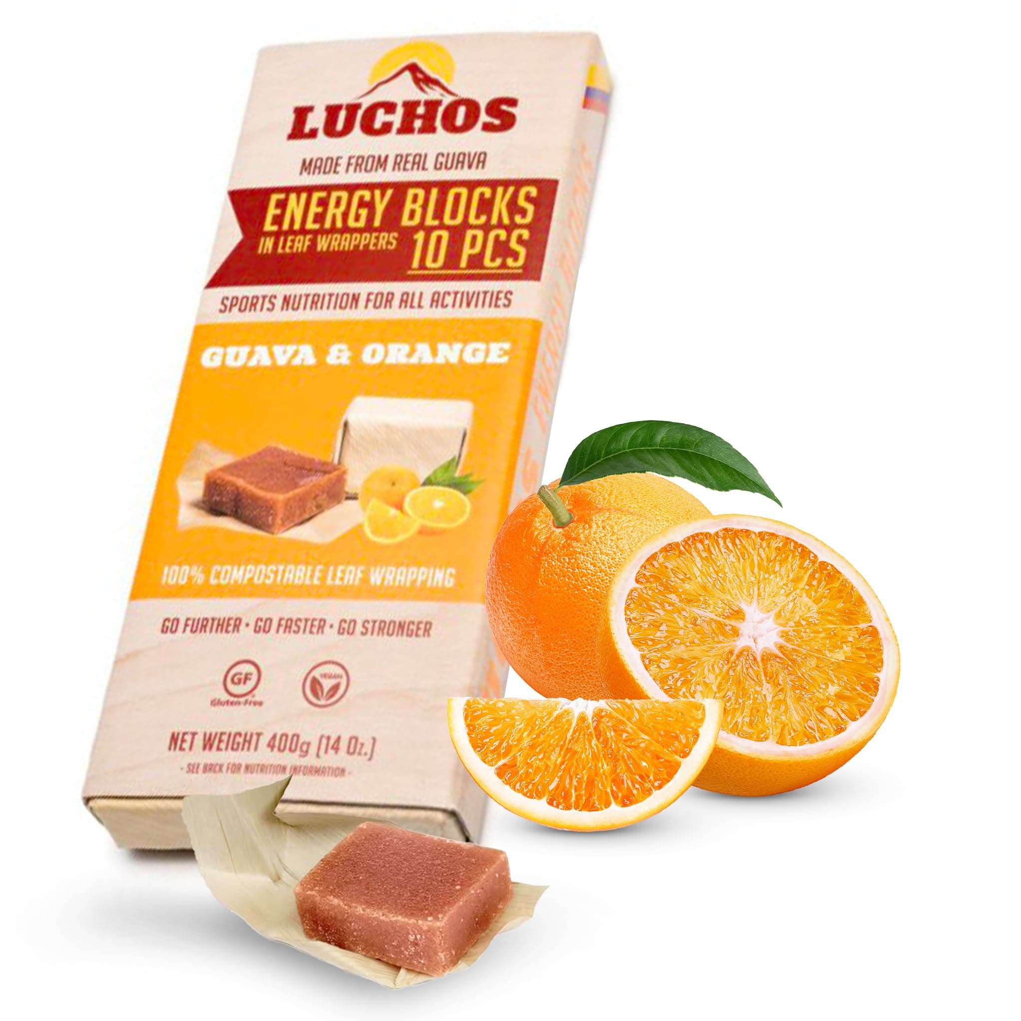 LUCHOS Energy Blocks - Guava & Orange, 400 g | Colombian On-the-Go Sports Nutrition for Running, Cycling & Hiking | A Natural Alternative to Bars & Gels | Vegan, Gluten Free & Easy to Digest