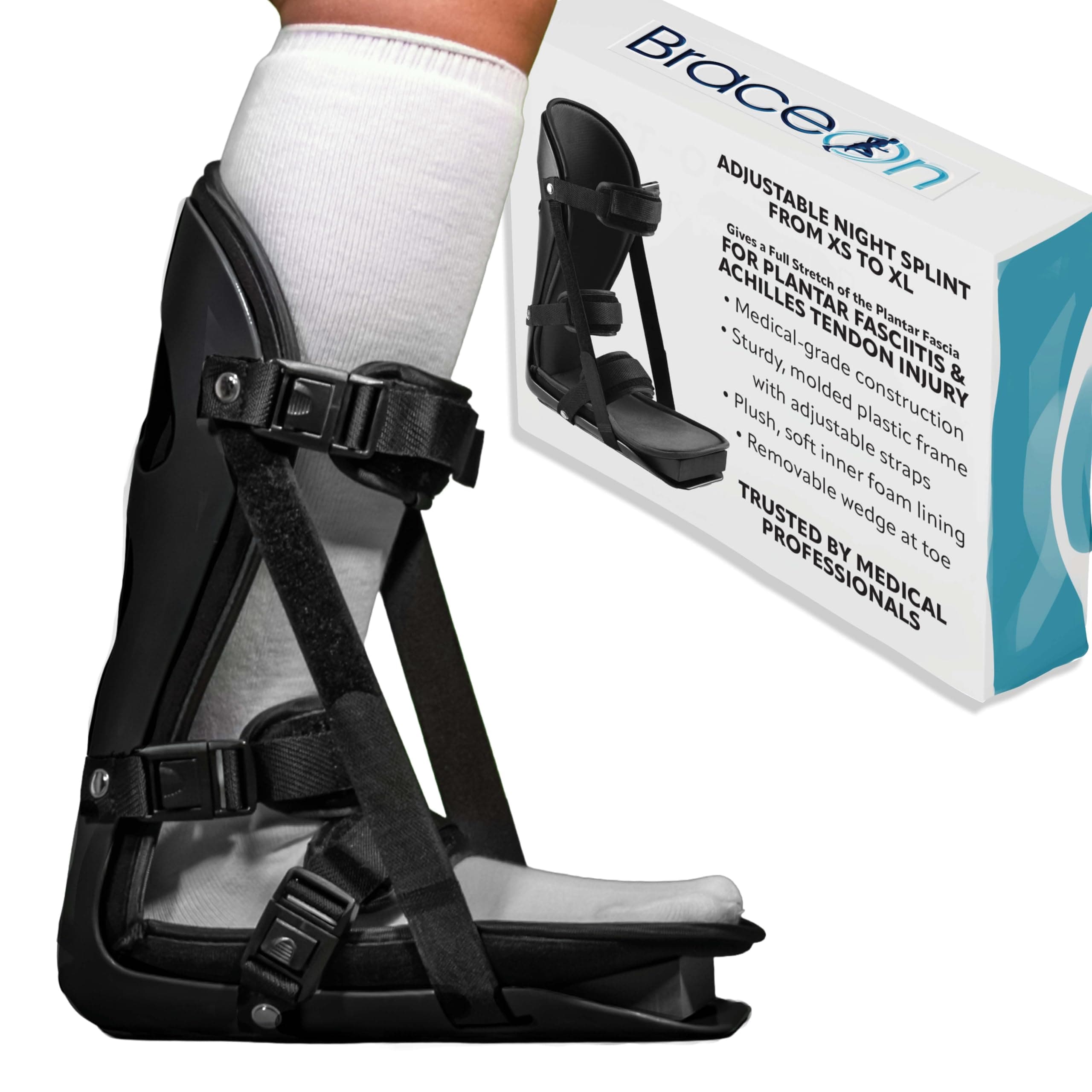 Brace On Kids Adjustable Night Splint - Pediatric Plantar Fasciitis, Achilles Tendon, Heel Spur, Injury, Foot Splint Boot for Children, Black, Size XS