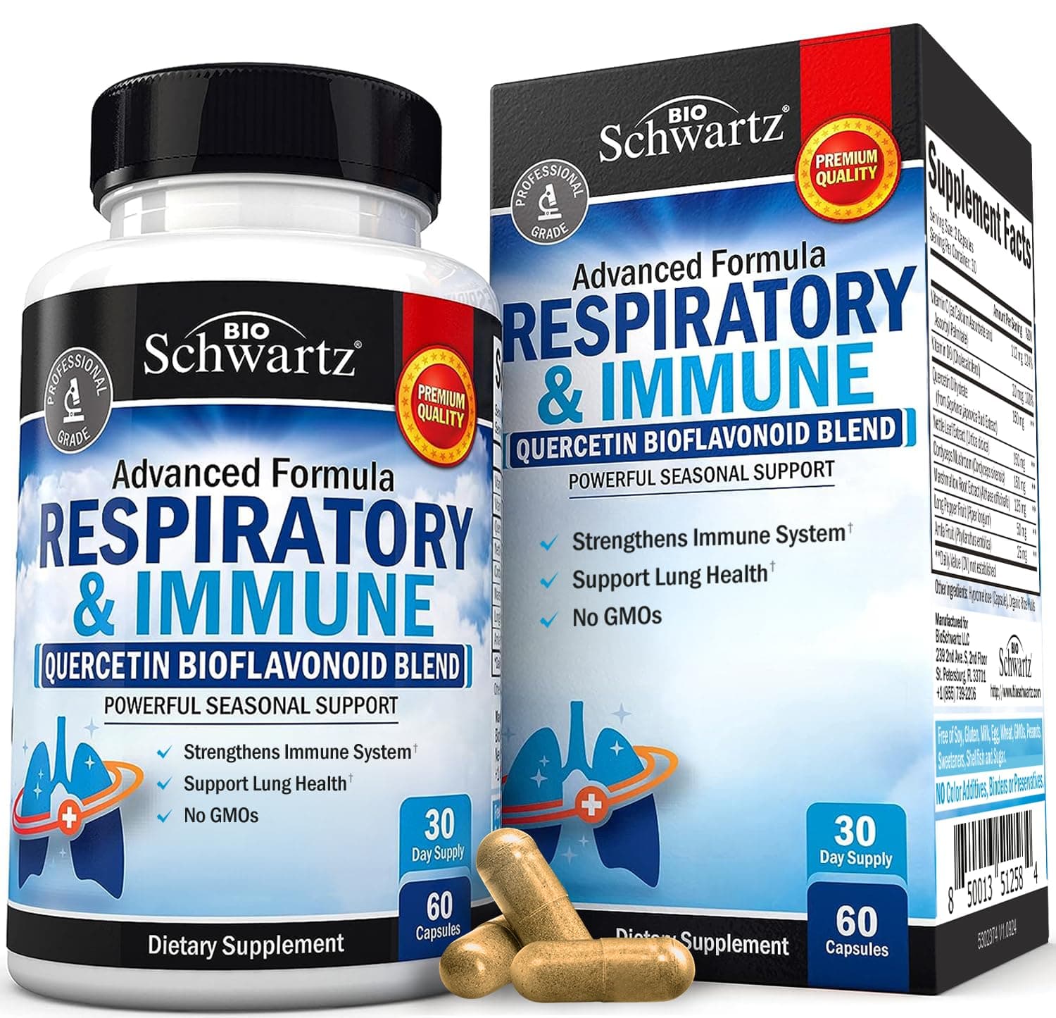 Respiratory & Immune Lung Support Supplement with Quercetin, Vitamin D & Cordyceps, Helps Soothe Respiratory Tissues While Loosening Mucus, Lung Health Vitamins for Women & Men, 60 Capsules