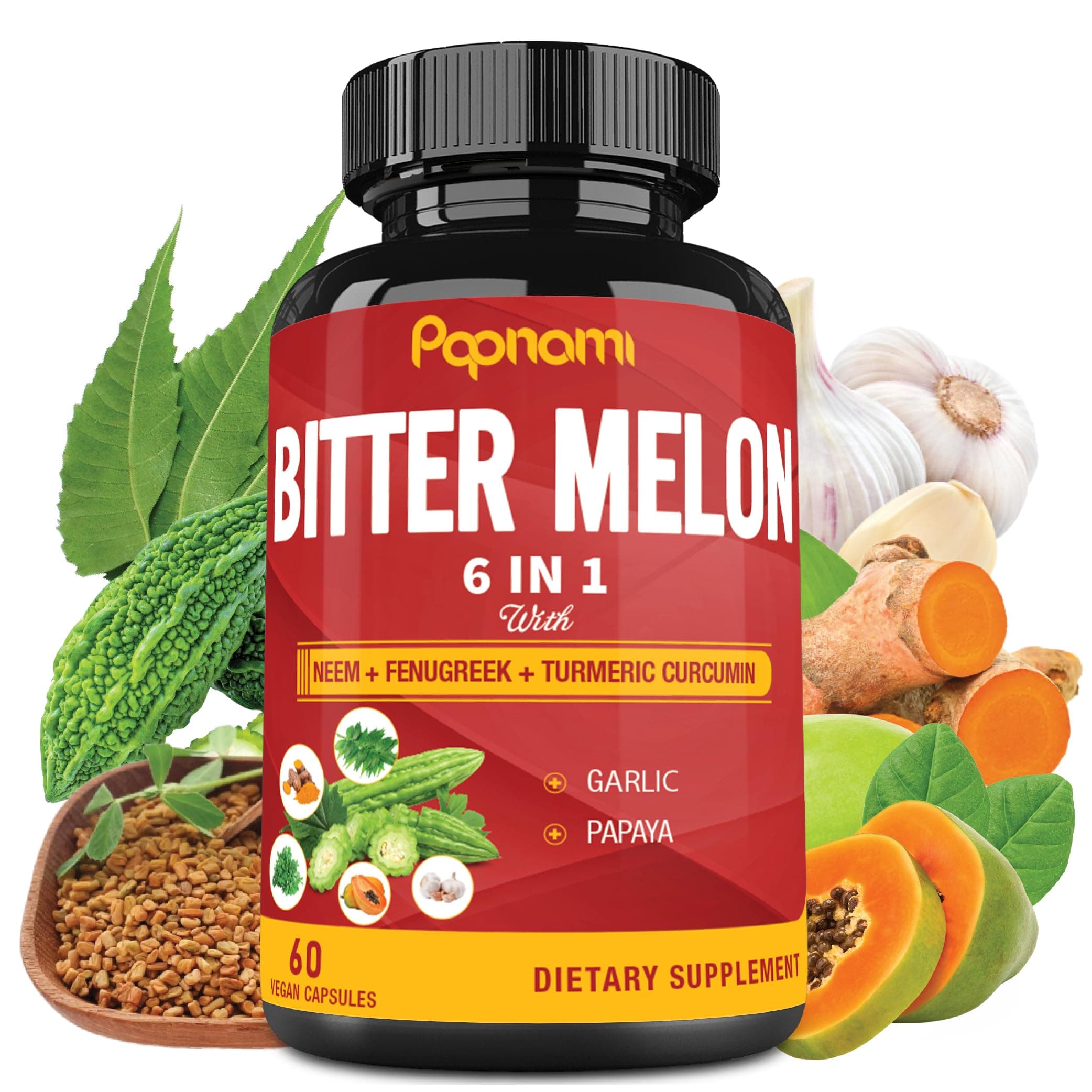 Organic Bitter Melon Extract Capsules - 60 Pills 2 Month - Combined Neem, Fenugreek, Curcumin, Garlic & Papaya