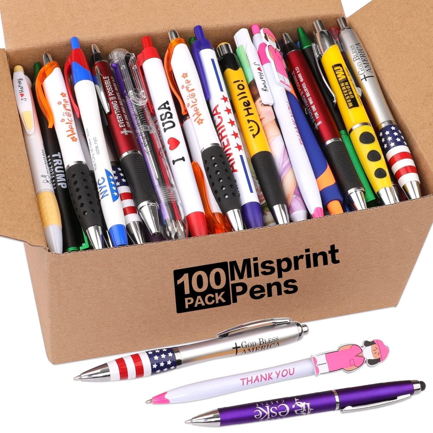 Wholesale Lot of 100 Misprint Pens Bulk, Assorted Ballpoint Pens Smooth Writing, Blue and Black ink Random Pens for Waitress Office School