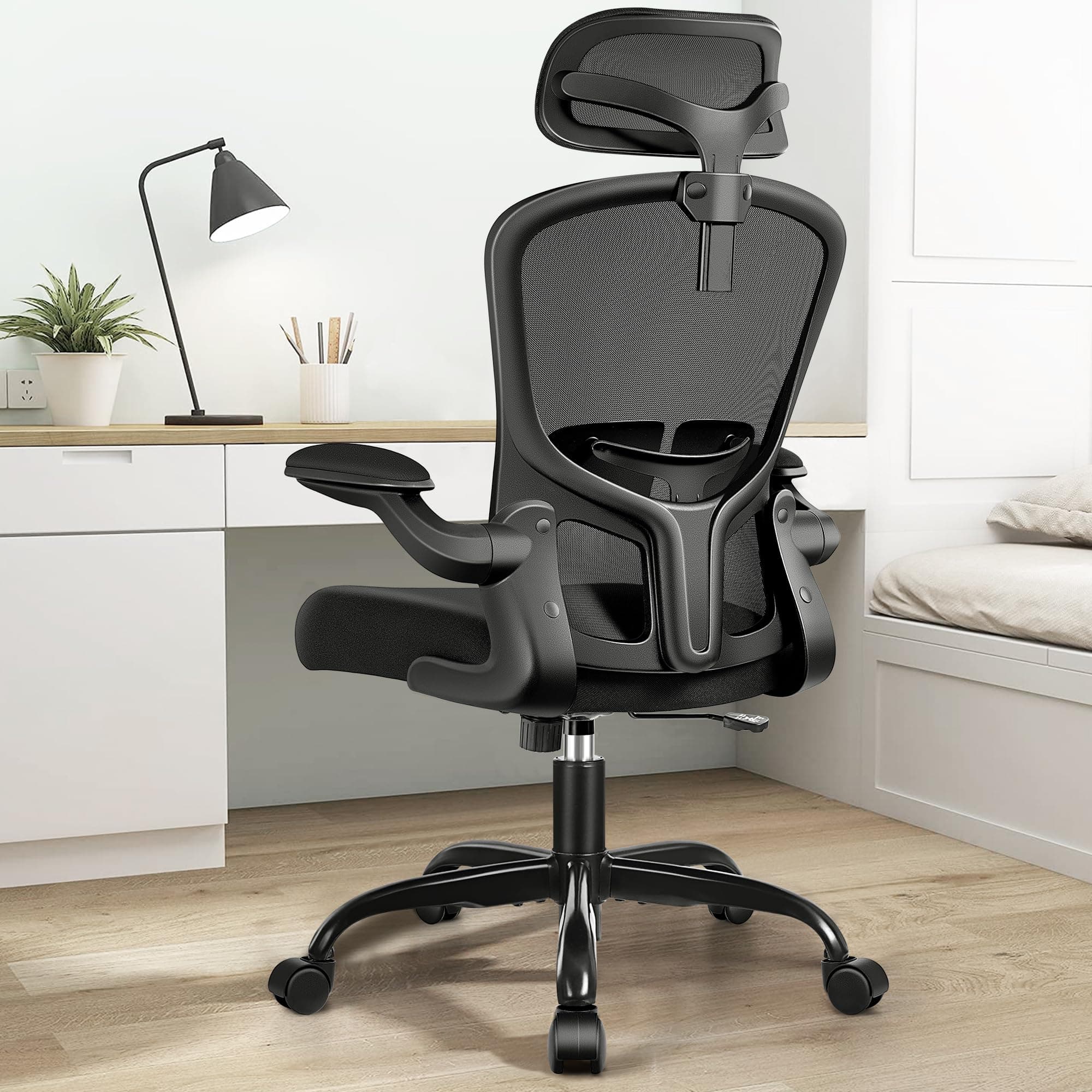 Office Chair Ergonomic Desk Chair with Headrest, High Back Computer Chair with Adjustable Lumbar Support and Wheels,Executive Swivel Comfy Chair with flip-up Armrests for Home Office