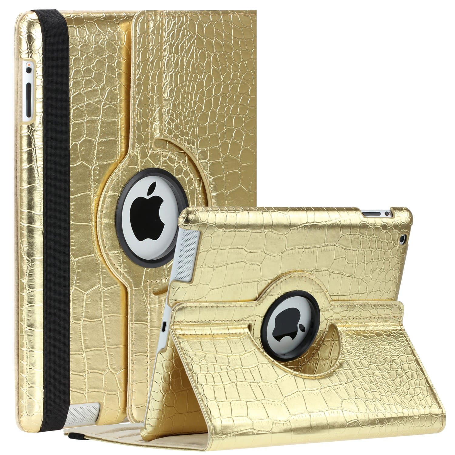 SAVEICON Gold Crocodile 360 Degrees Rotating Leather Case Smart Cover with Stand and Sleep/Wake Function for Apple iPad 3, iPad 2 (3rd Generation) Built-in Magnetic