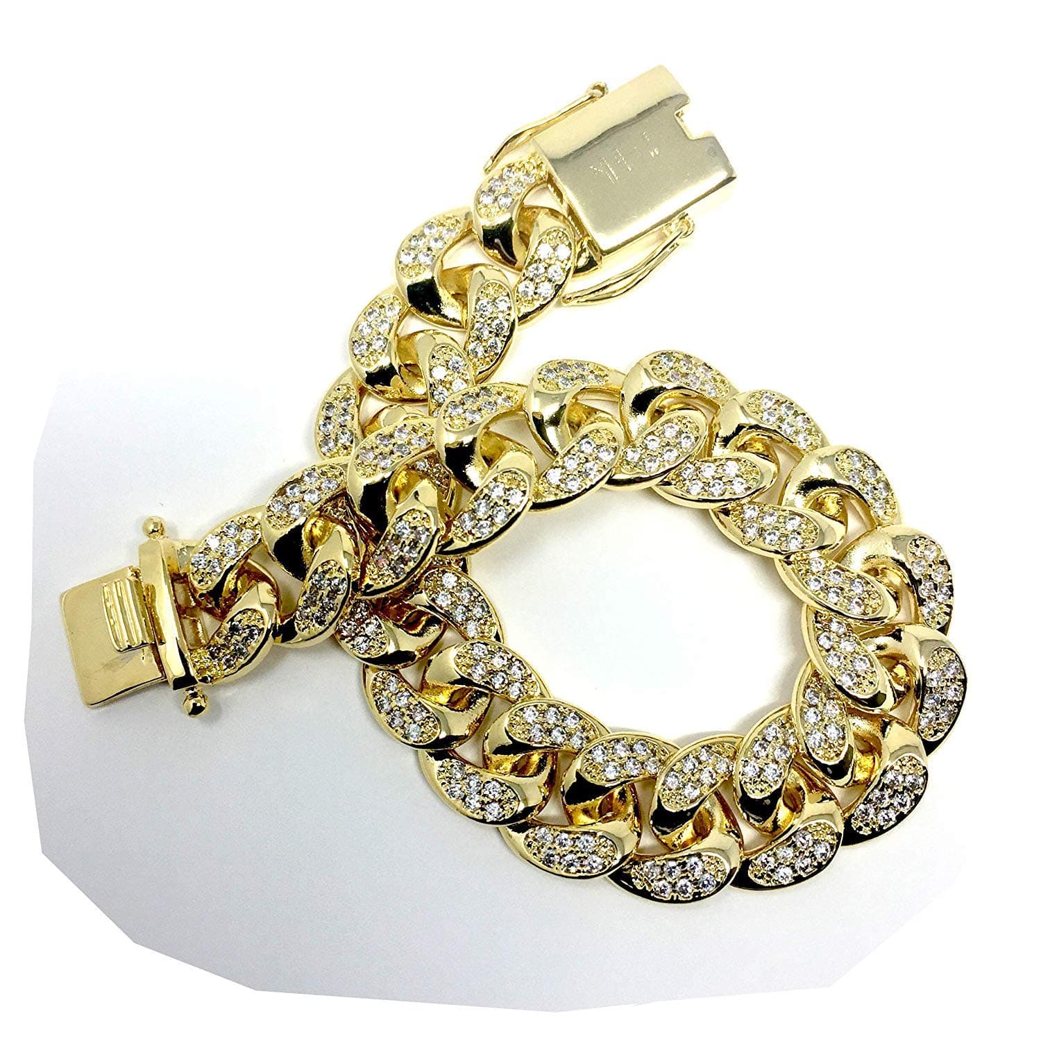 Gold Plated All ICED Out Simulated Diamond Cut Miami Cuban Link Chain Bracelet for Men Real 14MM, 14K Karat Heavy w Solid Thick Clasp US Made 8.5 INCH