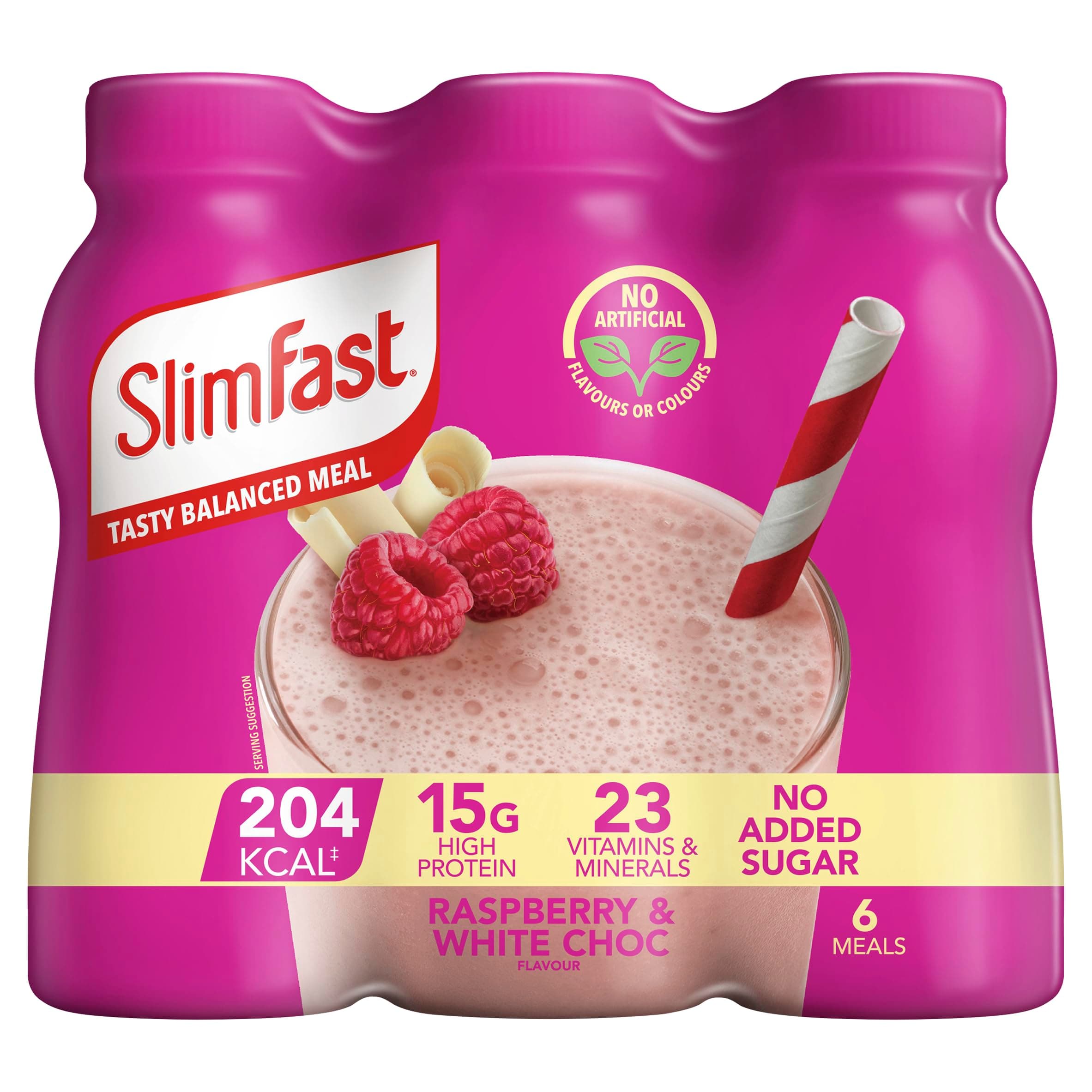 SlimFast Ready To Drink Shake, Meal Replacement Shakes for Weight Loss and Balanced Diet, High Protein, Vitamins and Minerals, No Added Sugar, Raspberry and White Chocolate Flavour, 6 x 325 ml