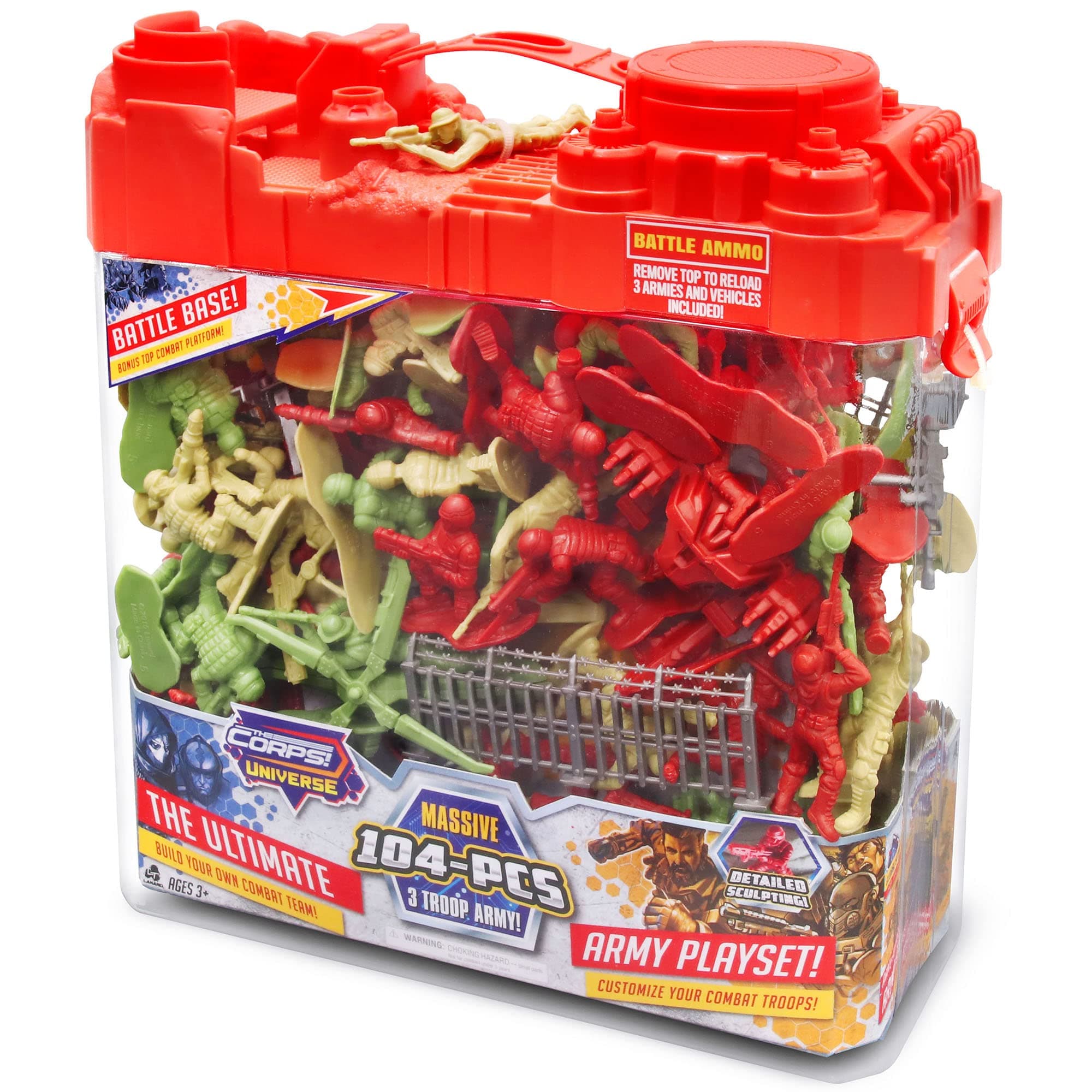 Lanard The Corps! Universe Army Playset - 104 Pieces, 3 Troop Army Set, Battle Base Lid, Carry Handle Case, Kids Ages 3+