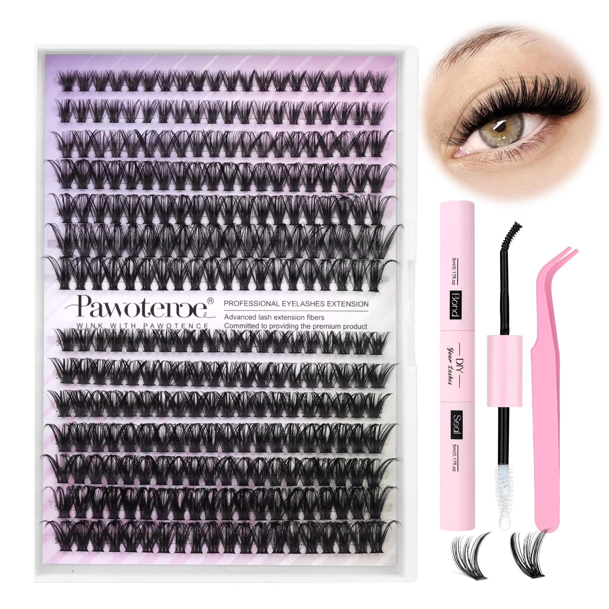 Pawotence Lash Extension Kit Individual Lash Clusters Kit 40D 50D Eyelash Extension Kit 8-16mm Eyelash Clusters with Lash Bond and Seal, Lash Tweezers for Beginners (40D&50D, 0.07D, 8-16mm, Kit)