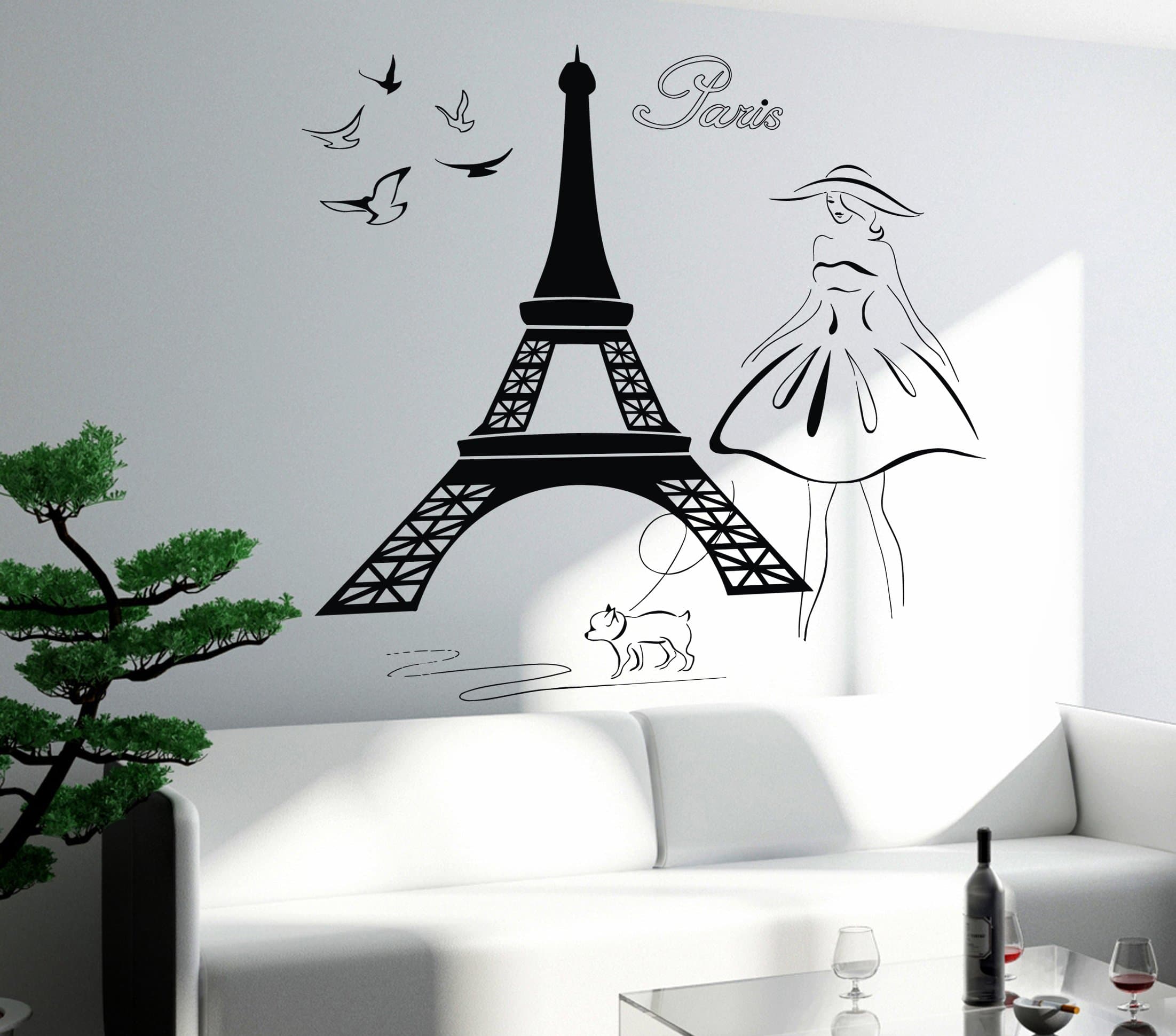 Vinyl Decal Wall Sticker Eiffel Tower Paris France Girl with Dog Romantic Decor (z1951i) (M 22.5 in X 27 in)