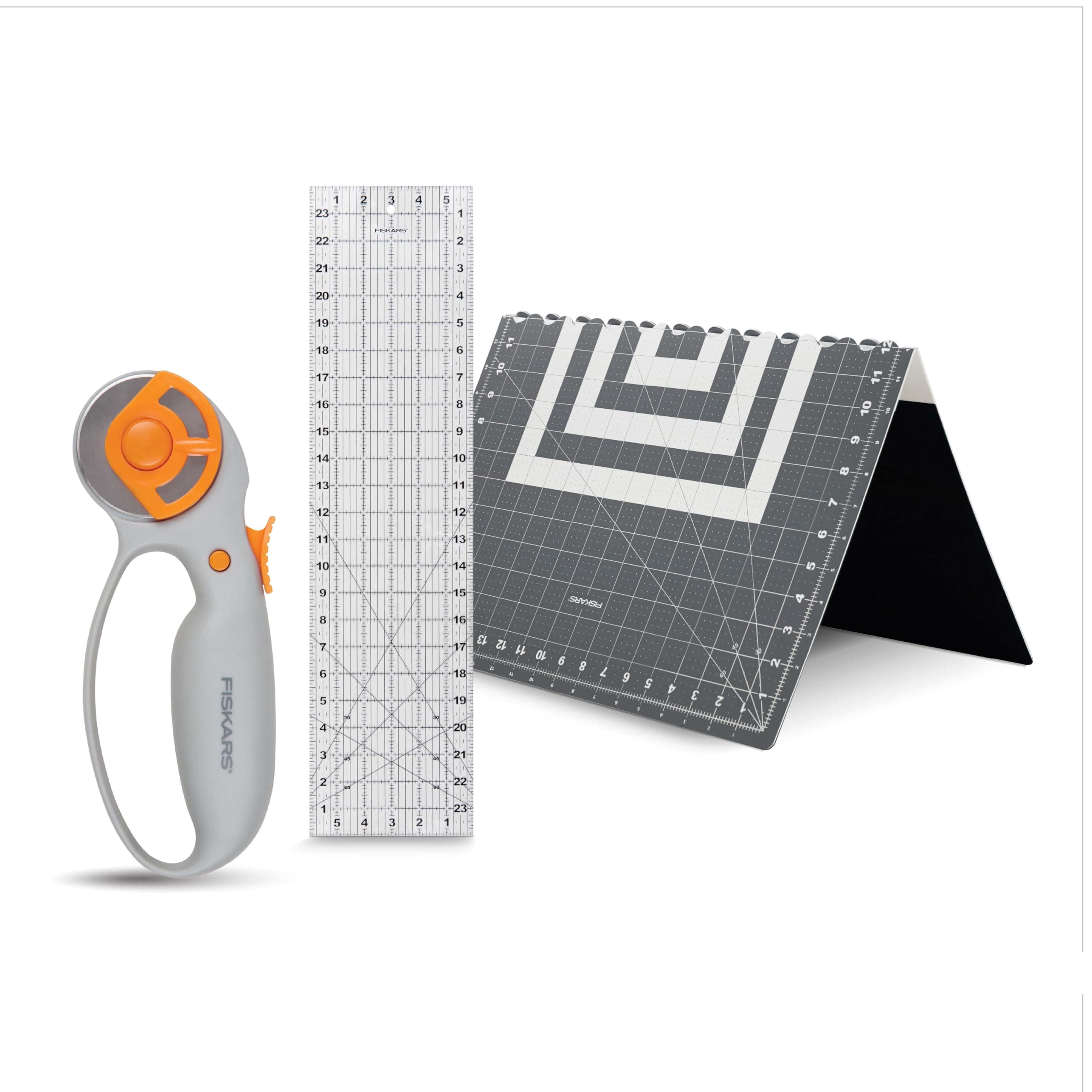 Fiskars 3 Piece Rotary Cutter Set, 45 mm Blade Rotary Fabric Cutter, Fabric Cutting Mat, Ruler for Sewing, Crafts, White/Grey