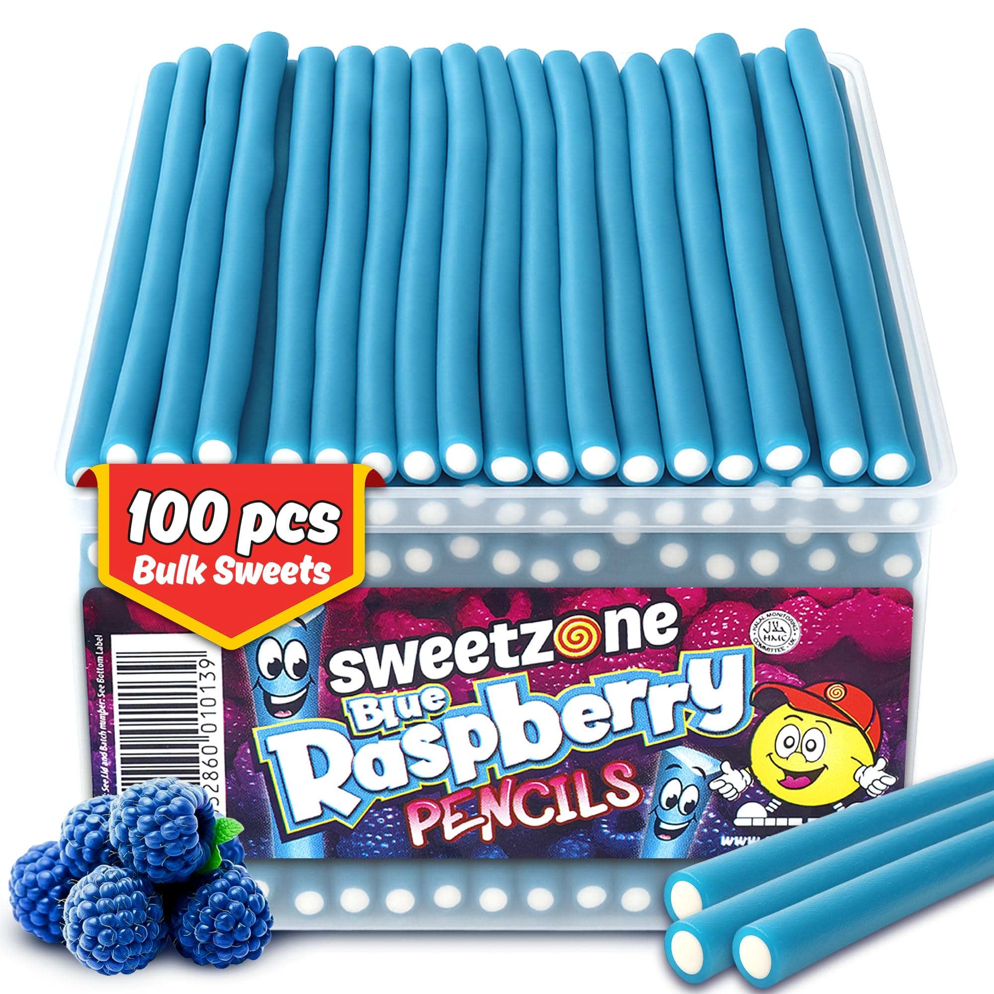 Blue Raspberry Pencils Tub, Pencil Sweets, 100 pc, Halal Sweet, Wine gums, American Gum, British Sweets, Sweet Pie, Licorice Liquorice Allsorts, Irresistible for Candy Lovers