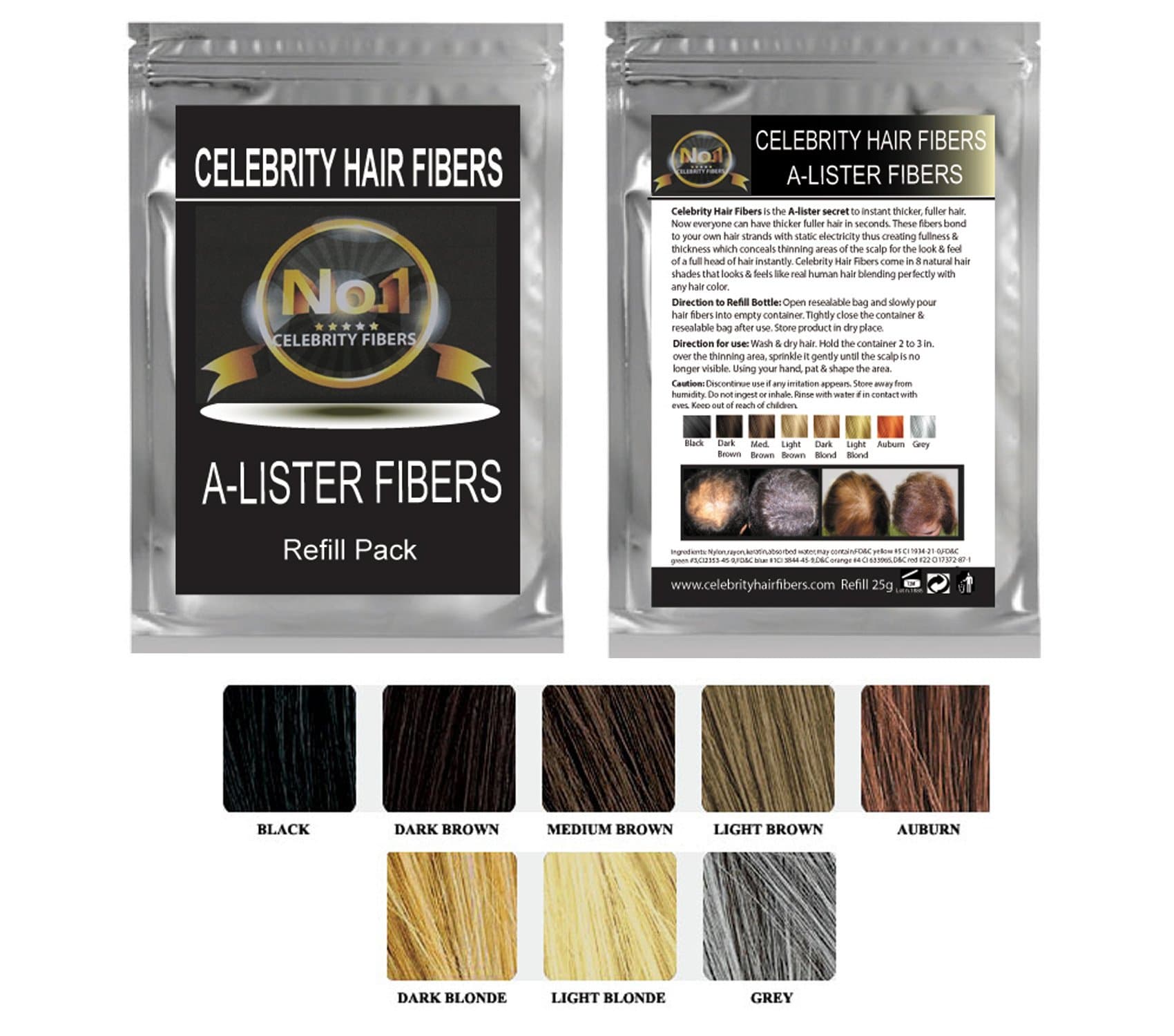 Hair Building Fibers- A-Lister REFILL Pak for Toppik, Nanogen, Xfusion, any Brand (50g, Black)