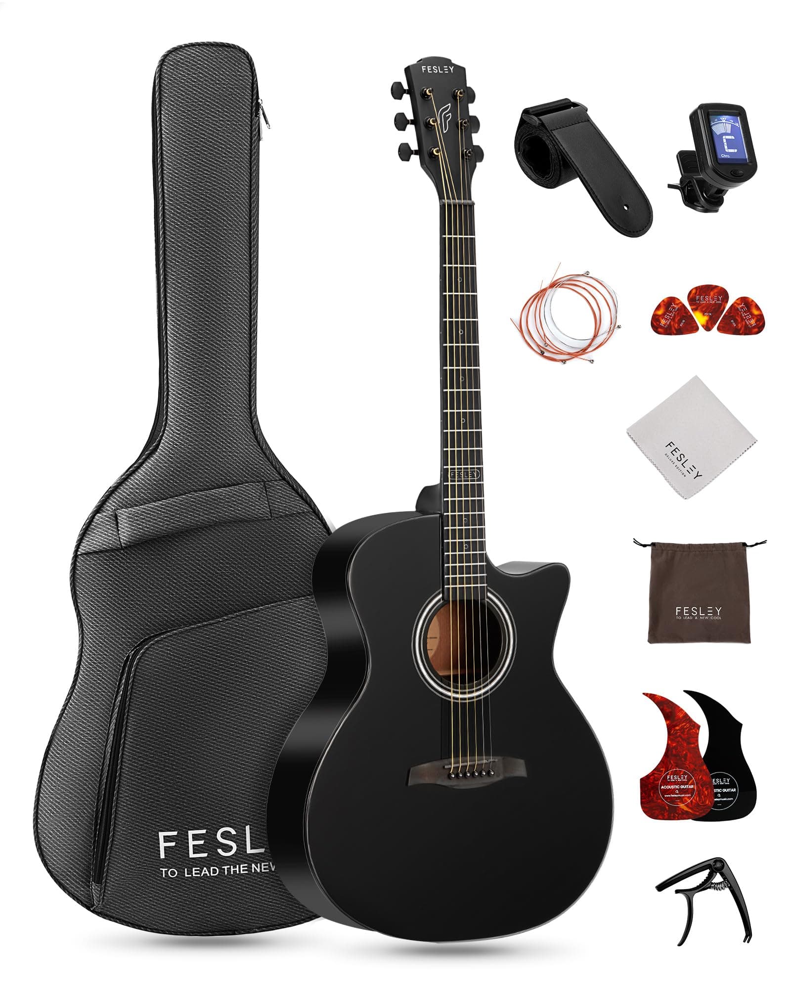 FesleyPortable Acoustic Guitar Kit: 41" 6 String Acoustic Guitar for Beginner, Classical Guitar with Guitar Accessories, Including Picks, Digital Tuner, Gig Bag, Strap, Steel Strings, Capo (FF60C)