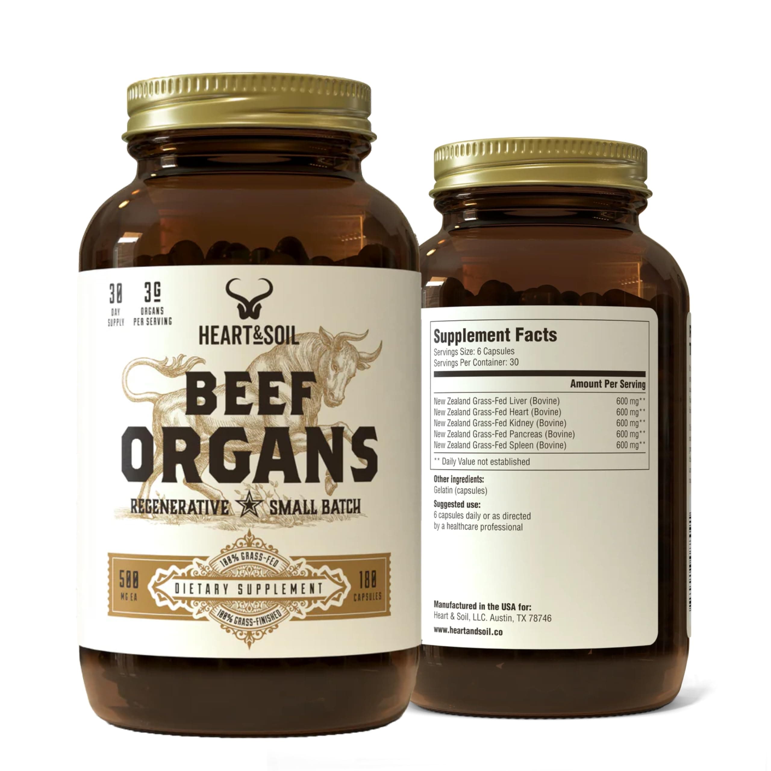 HEART & SOIL – 100% Grass Fed & Finished Beef Organs from Regenerative Cattle with Liver, Heart, Kidney, Pancreas & Spleen – 3000mg Beef Organ Supplement for Women & Men – Glass Bottle – 180 Capsules