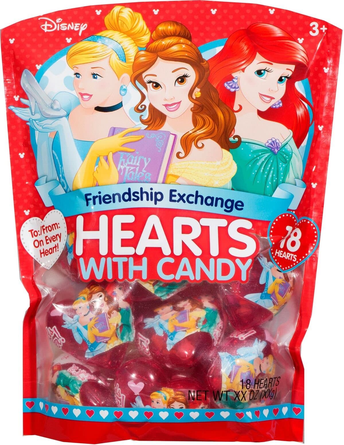 Disney Princesses Valentine's Day Classroom Plastic Heart Gifts with Candy, 18 Count