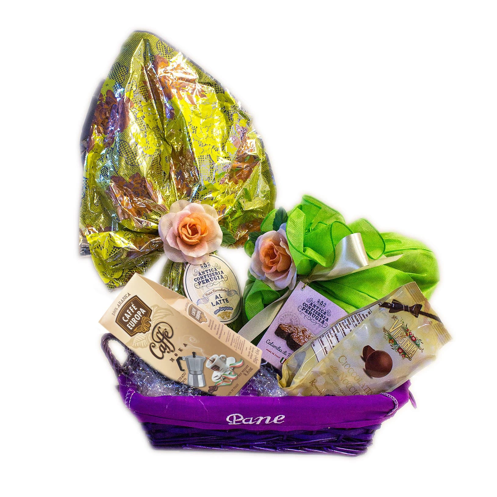 Hampers & Gourmet Easter Gifts - Milk Chocolate Egg, Italian Patisserie and Ground roasted Coffee - Cesto di Pasqua