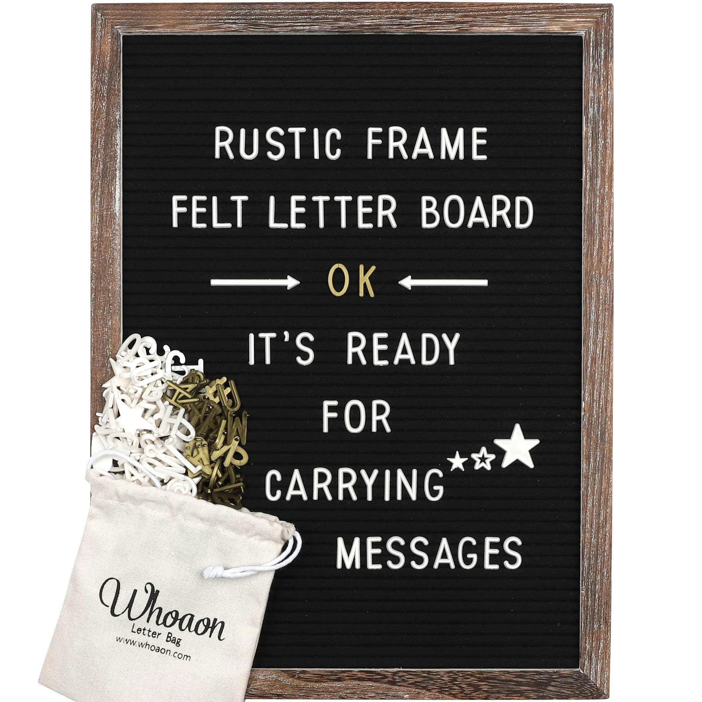 Rustic Wood Frame Black Felt Letter Board 12x16 inches. 440 White & Gold Letters, Months & Days Cursive Words, Additional Symbols & Emojis, 2 Letter Bags, Scissors, Vintage Stand. by whoaon