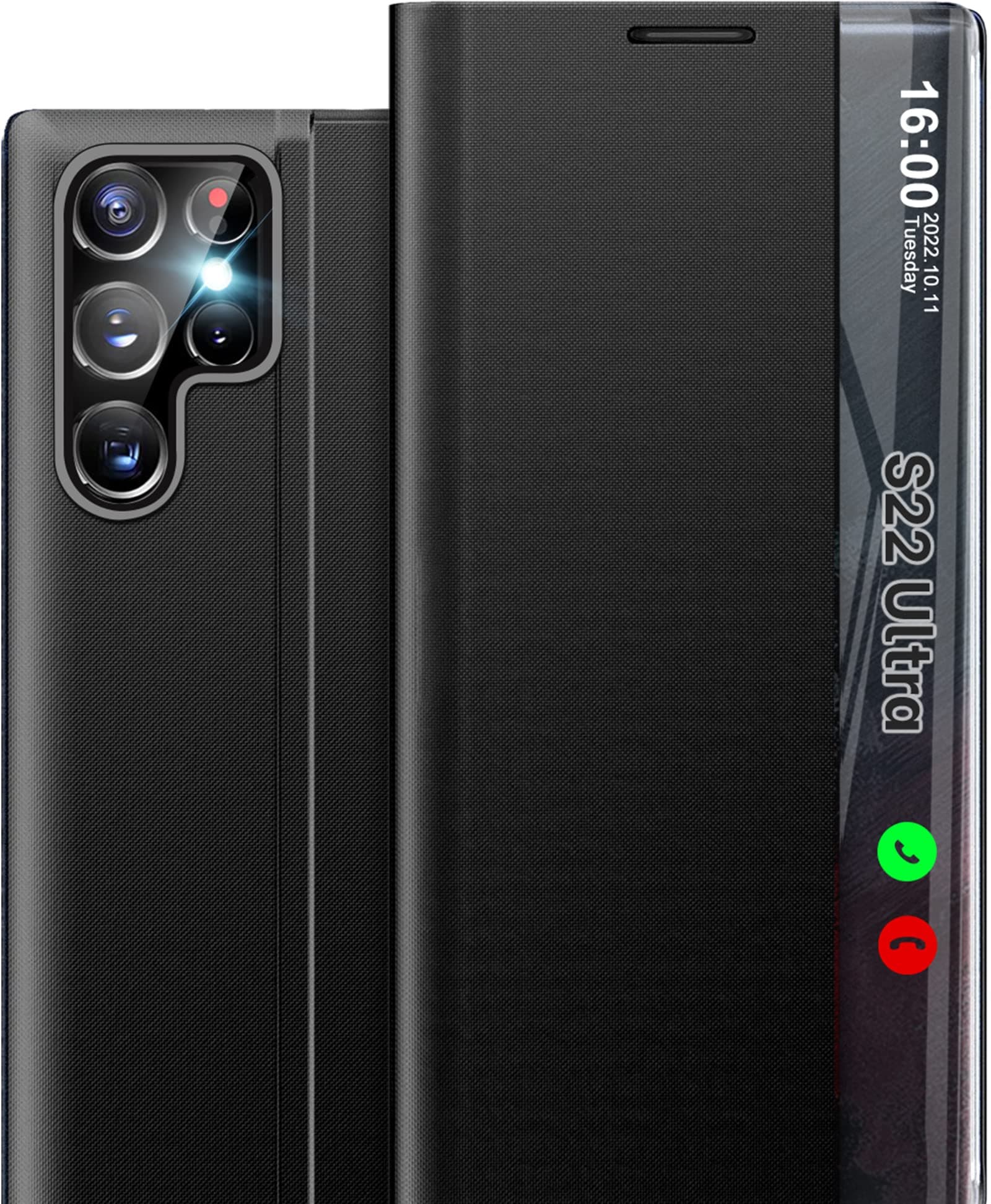 Slim Mirror Case for Samsung Galaxy S22 Ultra 5G, Clear View Window, Leather, Flip, Anti-Slip, Anti-Yellowing, Kickstand, Classic Black