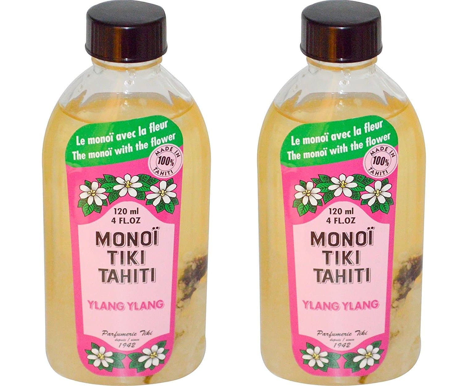Monoi Tiki Tahiti Ylang Ylang Coconut Oil (Pack of 2), Scented With Fresh Handpicked Tiare Flowers, 100% Made in Tahiti, 4 fl. oz.
