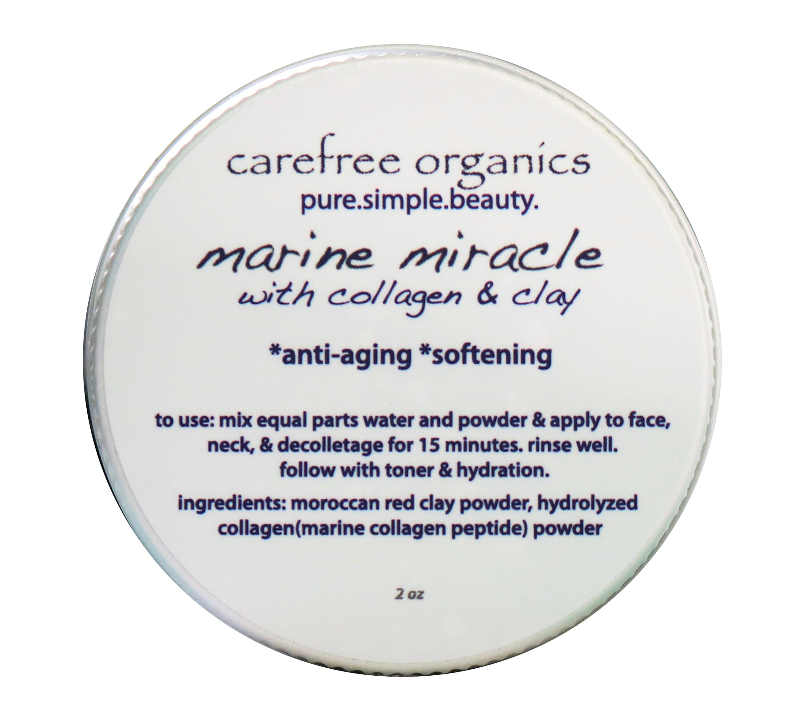 Carefree Organics Marine Miracle, a collagen powder clay mask, 2 oz
