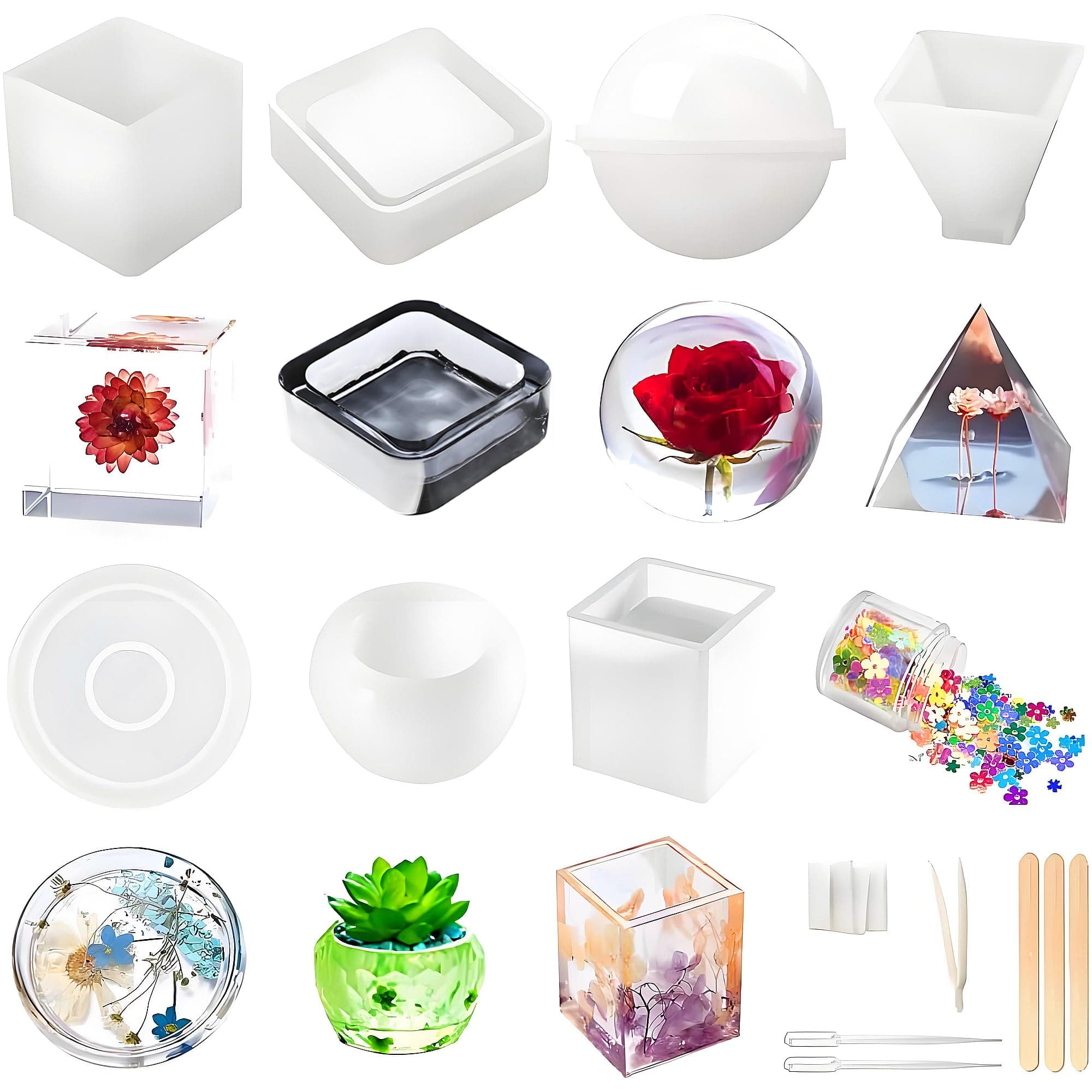 Resin Molds Silicone Kit 20Pcs,Epoxy Resin Molds Including Sphere,Cube,Pyramid,Square,Round, Used for Create Art,DIY,Coasters,Candles.Bonus Decorative Sequins and The Complete Set(20PCS Resin molds)