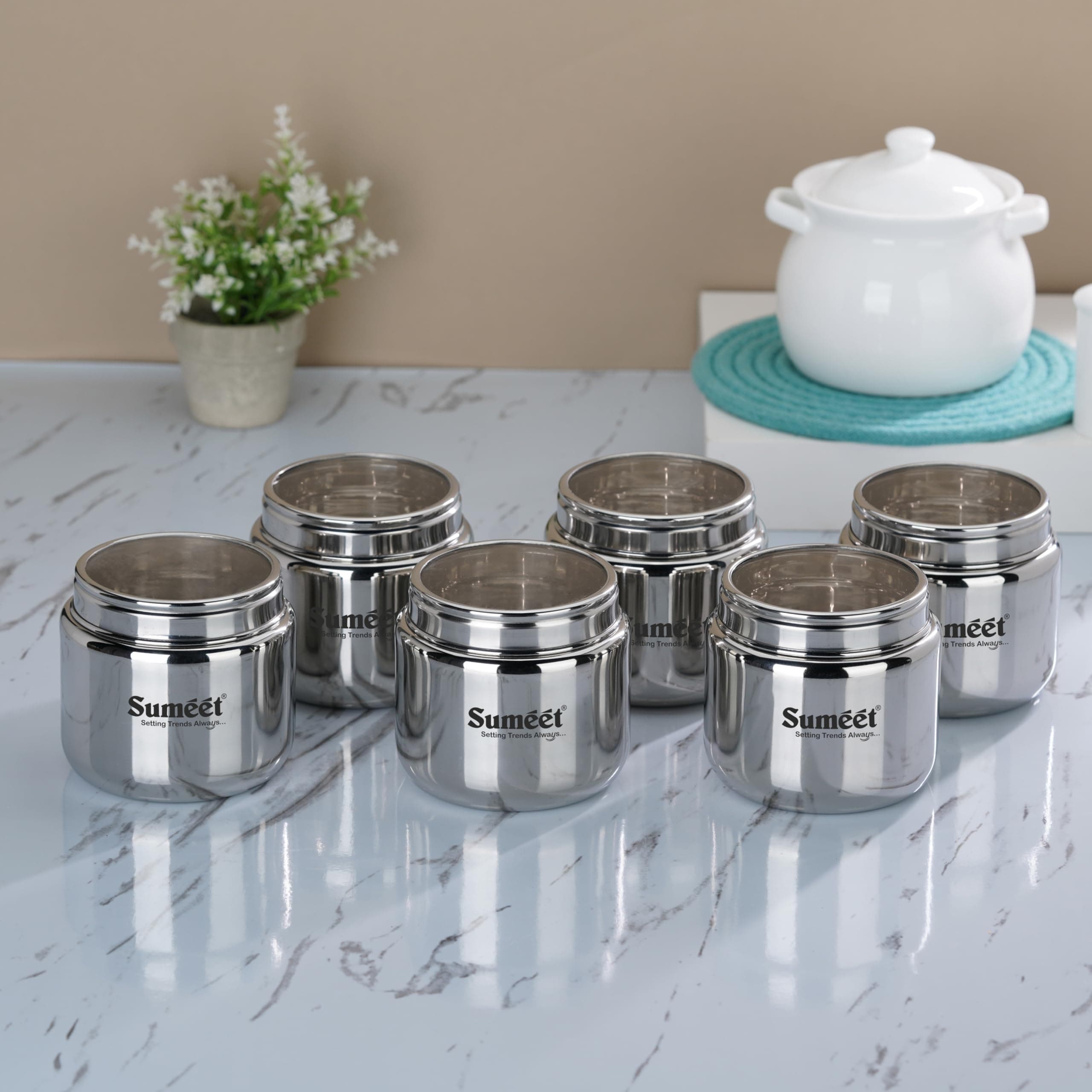 Sumeet Stainless Steel Small Canisters/Dabba/Storage Containers for Kitchen with See Through Lid, Set of 6 Pcs, 400ml Each, 9cm Dia, Silver, CTJARSMALL-6PC