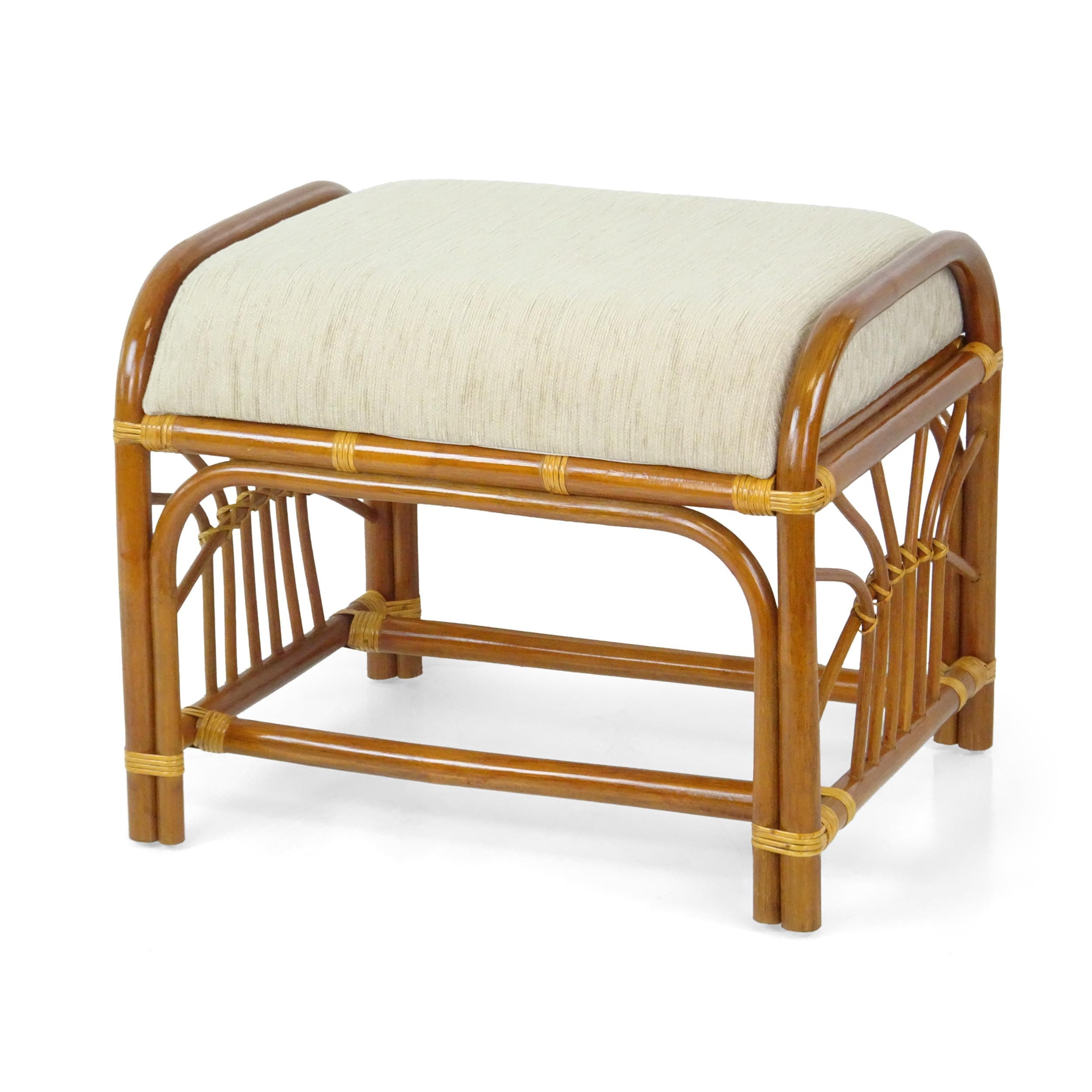 Handmade Ottoman Footstool ECO Natural Rattan Wicker with Cream Cushion, Cognac Y