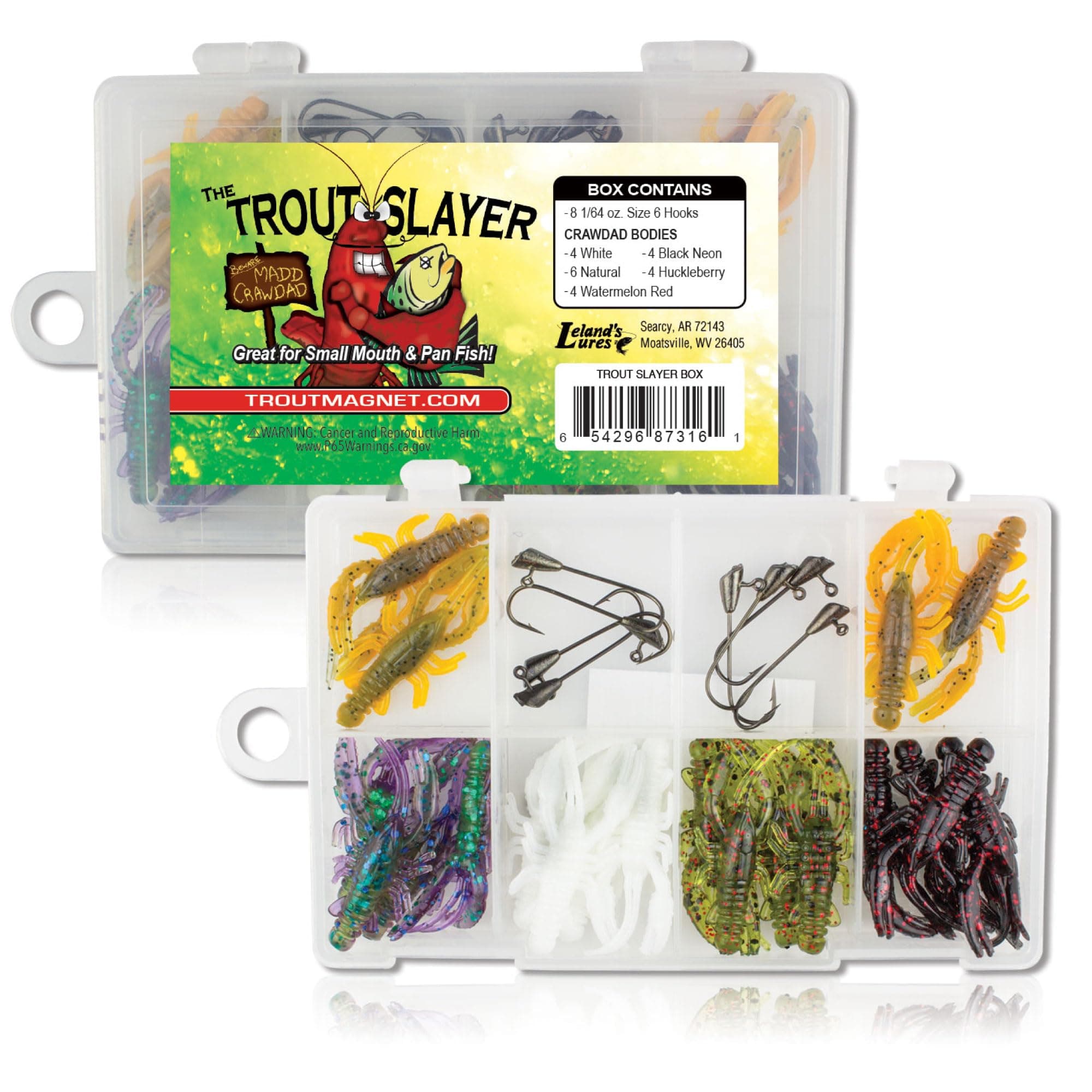Trout Magnet Leland's Lures Trout Slayer 28 Piece Fishing Kit, Includes 20 Crawdad Bodies and 8 Size 6 Long Shank Hooks, Great for Small Streams and Lakes, Catches All Species,