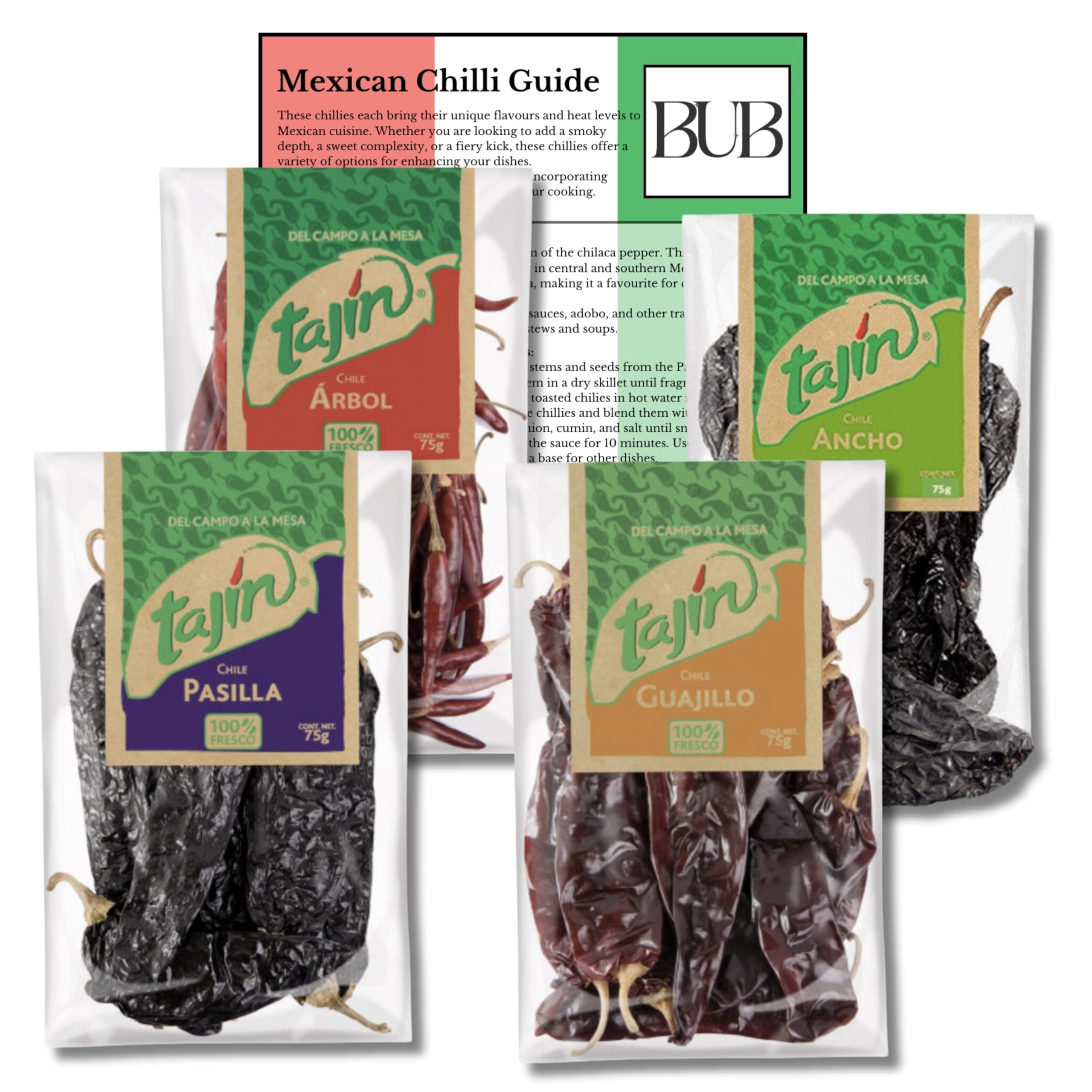 BUB Mexican Chilli Gift Pack - 4-Pack of 75g Tajin Chillies - Dried Chillies: Ancho, Guajillo, Arbol, Pasilla with Included Mexican Sauce Recipes & Chilli Guide (4 Pack)