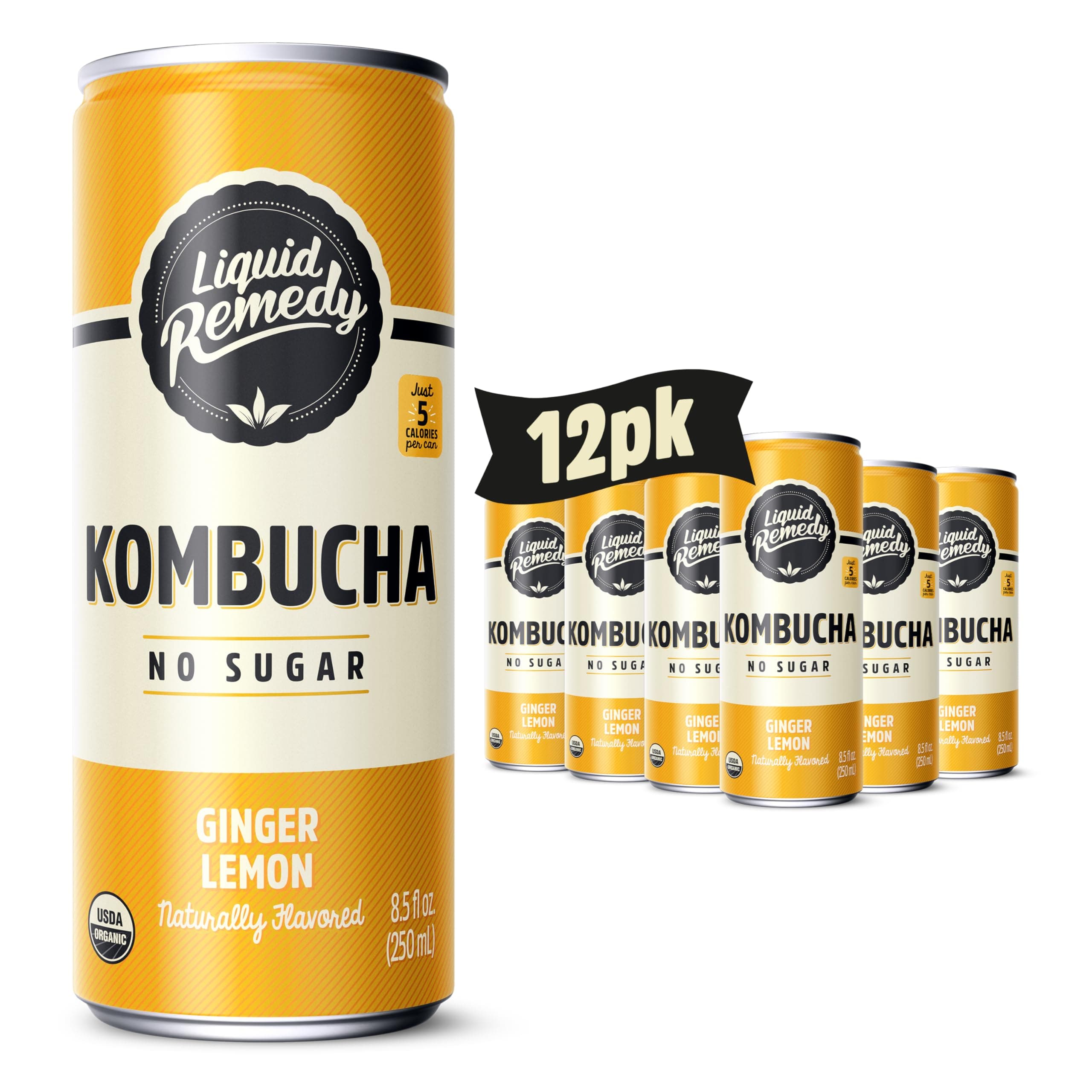 Liquid Remedy Kombucha Sugar Free Organic Drink, Low Calorie, Probiotic Like Tea for Gut Health - Ginger Lemon - 8.5 Fl Oz Can, 12-Pack
