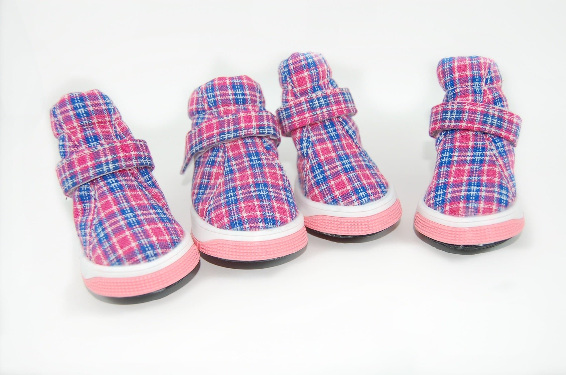 KBL Tartan Plaid Dog Shoes plus FREE LED Flashing Dog Bone Night Safety tag! (Medium (3), Pouty Pink)
