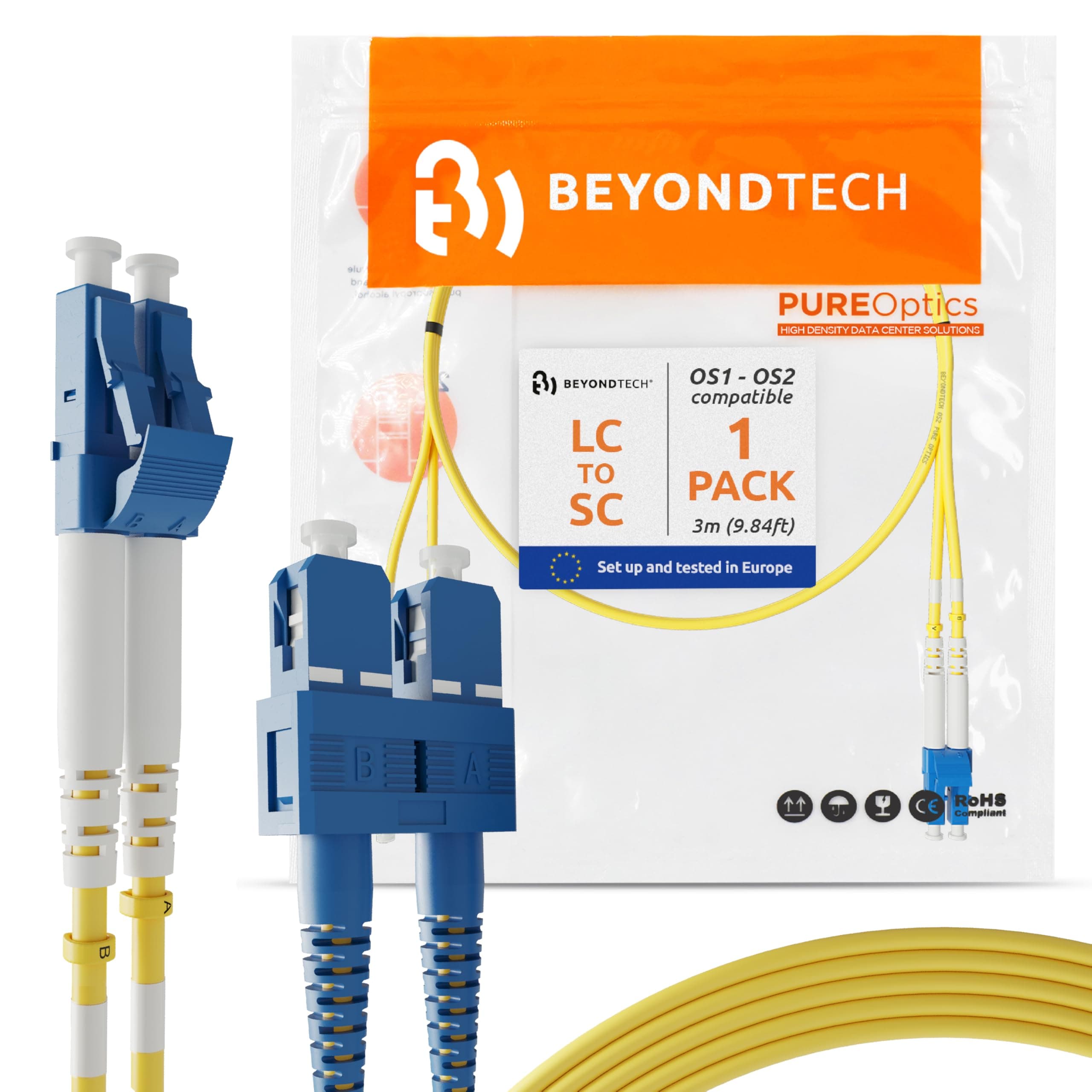 3m (9.84ft) LC to SC Fiber Patch Cable – UPC Single-Mode Duplex Fiber Optic Cable – 9/125µm core, Compatible with OS1 & OS2 – LSZH PUREOptics Series