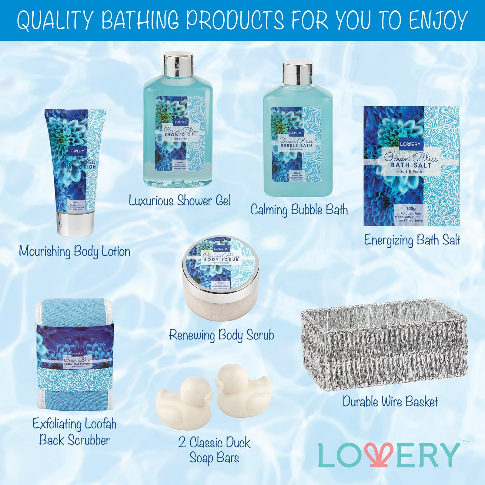 LOVERY Home Spa Gift Basket in Heavenly Ocean Bliss Scent - 9pc Bath & Body Set - Shower Gel, Bubble Bath, Bath Salt, Body Lotion & more, Wedding, Anniversary, Birthday, Graduation Gift for Women