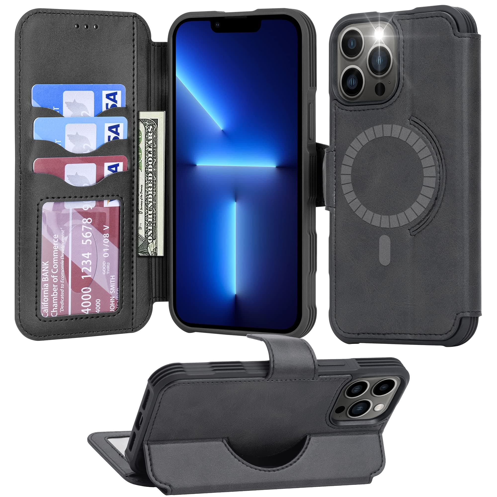 Arae Compatible with  iPhone   13   Pro  Max Case Wallet, Kickstand [Magnetic Wireless Charge] with Card Holder [RFID Blocking] for  iPhone   13   Pro  Max 6.7 Inch - Black