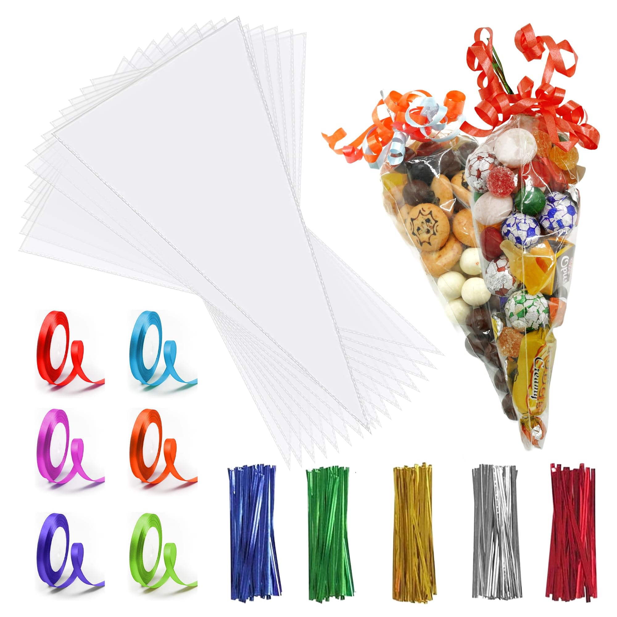 Sweet Cone Bags with Twist Ties and Ribbons, 100Pcs Cellophane Crystal Clear Sweet bags, Triangle Sweet Party Cones Bags Perfect for Halloween, Christmas and many more (14x26cm - Pack of 200)