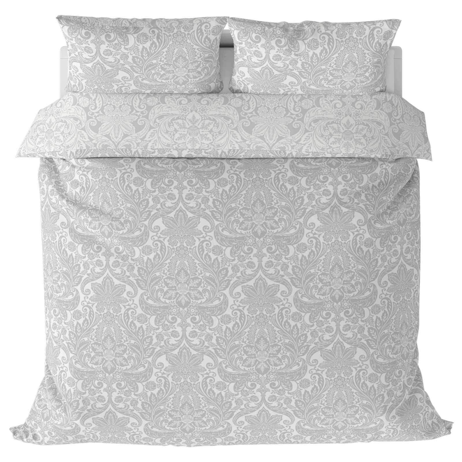 IT IDEAL TEXTILES Silver Damask Print Duvet Cover, Grey Nicola Reversible Floral Chantilly Design Duvet Covers, Easy Care Cotton Blend Bedding Quilt Sets, King Size