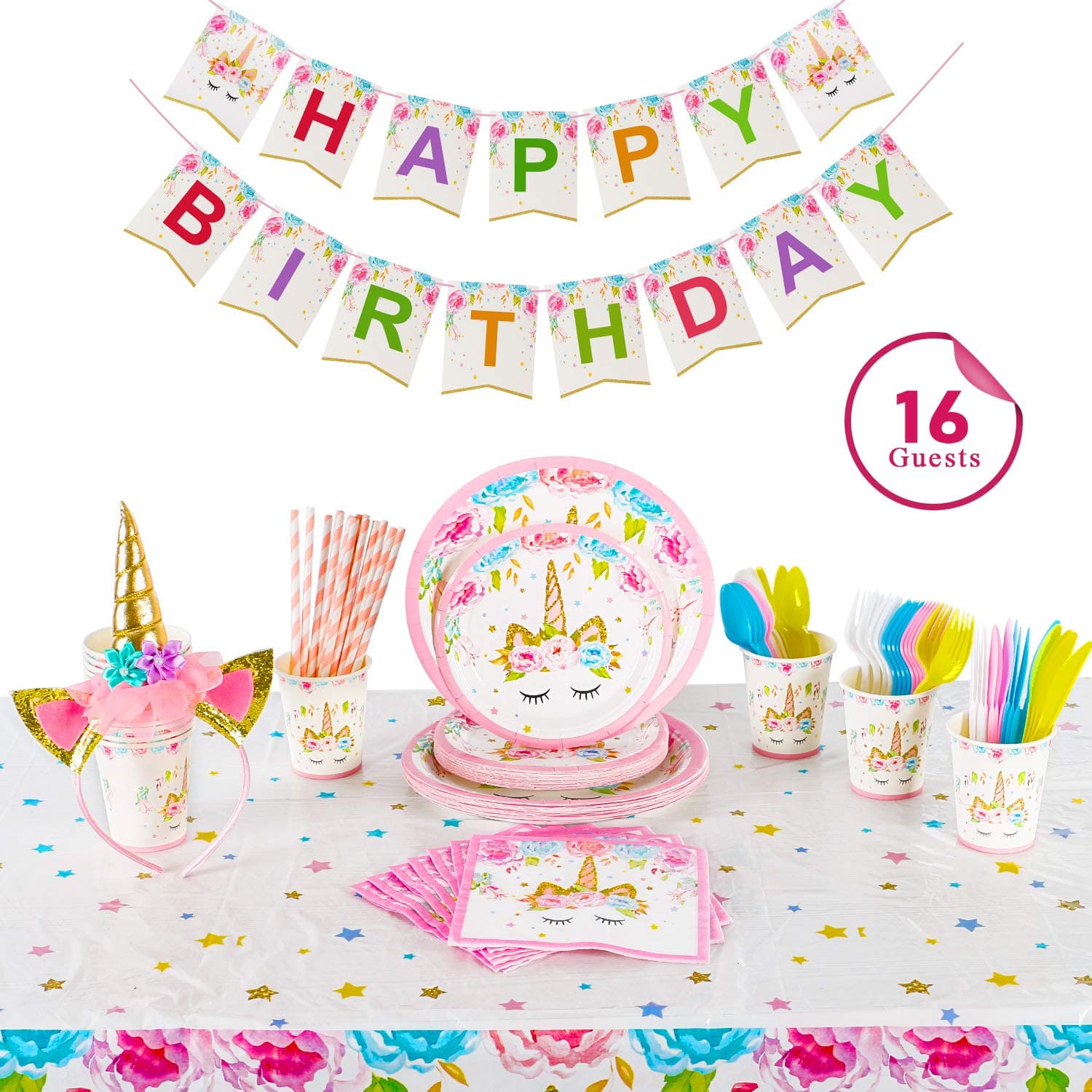 Clearance Sale ! Party Supplier Serves 16, Birthday Decoration Kits for Girls | Headband | Napkins | Plates | Cups | Straws | Table Cloth | Utensils | Happy Birthday Banner by Alyoen