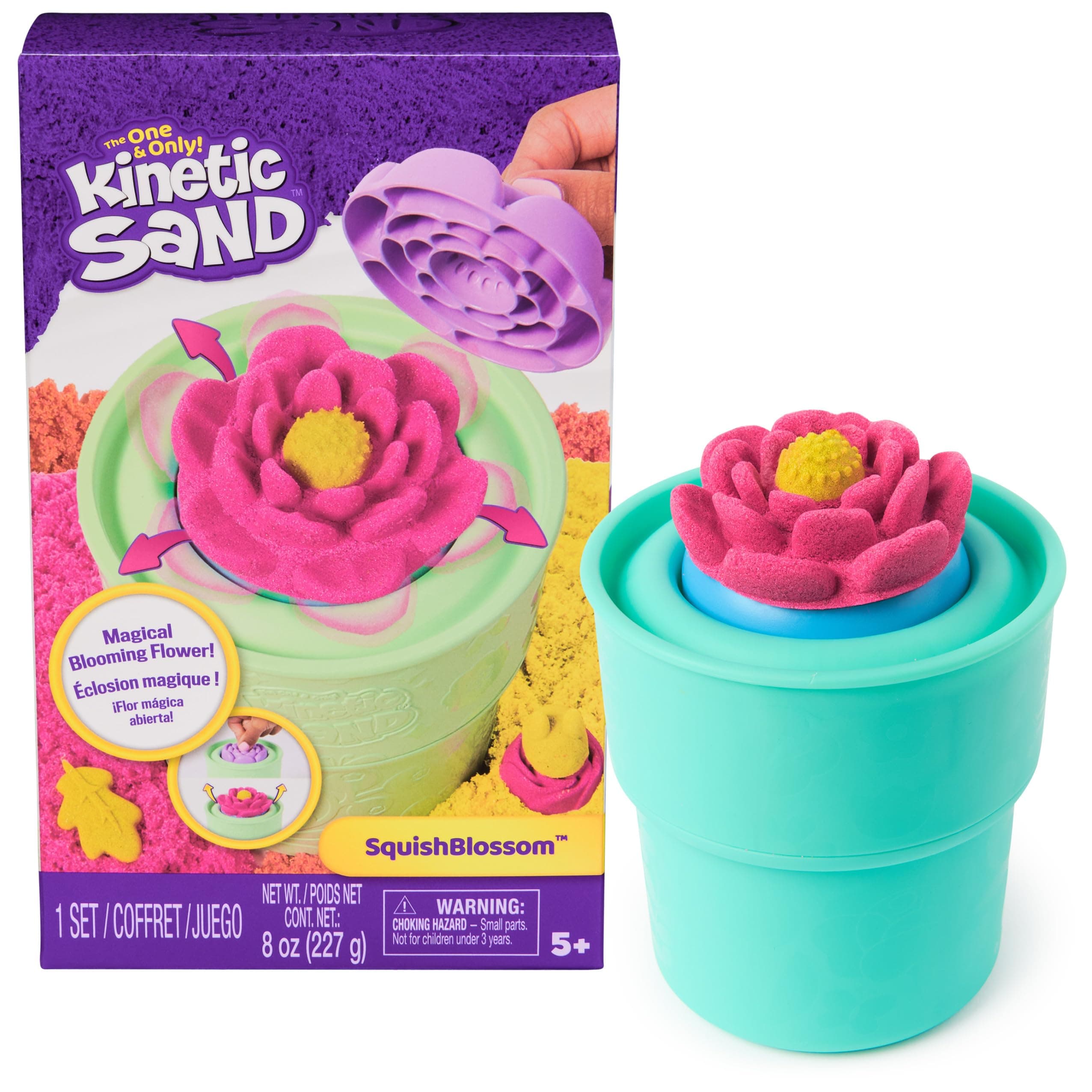 Kinetic Sand, SquishBlossom Blooming Flower, Easter Basket Stuffers, Includes 8oz Neon Yellow & Pink Moldable Play Sand, Pot & Molds, Sensory Toys for Kids