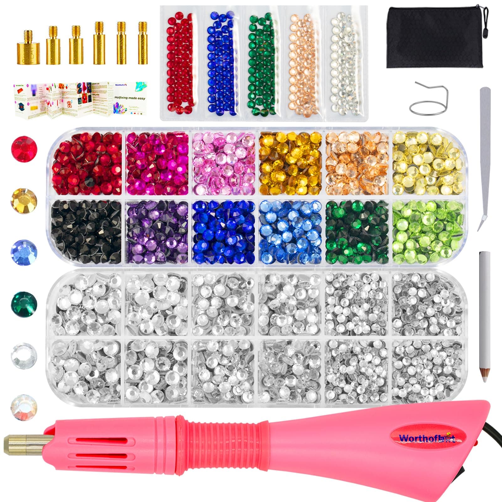 Hotfix Rhinestone Applicator Tool, Bedazzle Kit with Rhinestones, 30ss/20ss/16ss Hot Fix Wand Crystal Setter Kit, 15 Colors, 4 Tips, Manual, Tweezers, Jewel Picker, Stand, Brush, Tray, Zip Bag