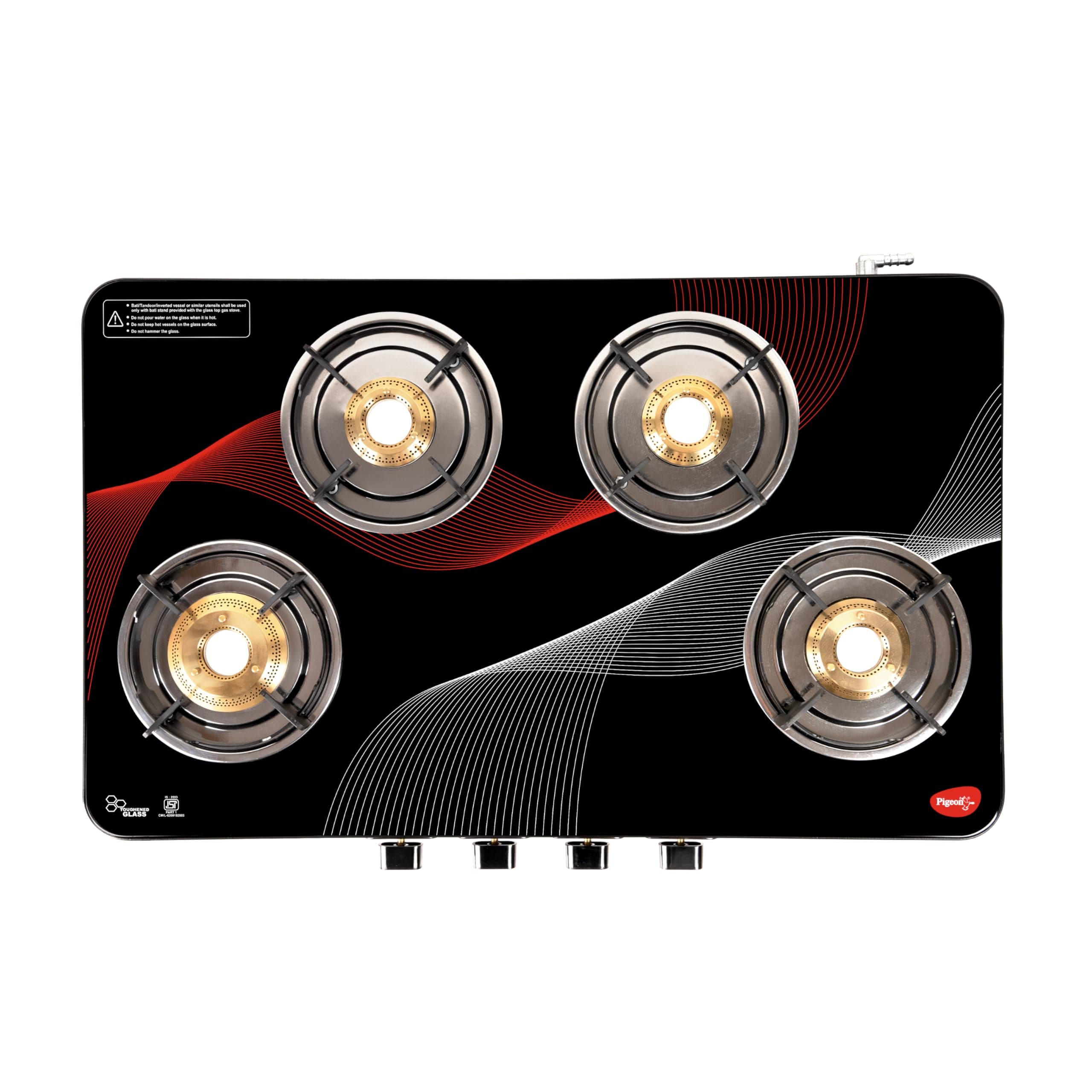 Pigeon Cosmic 4 Burner Glass Cooktop | SABAF Valves and Burners | 7 Year Warranty | Rust Proof Ultra - Slim Body | Toughened Glass | 92mm Super Jumbo Brass Burner | Manual Ignition