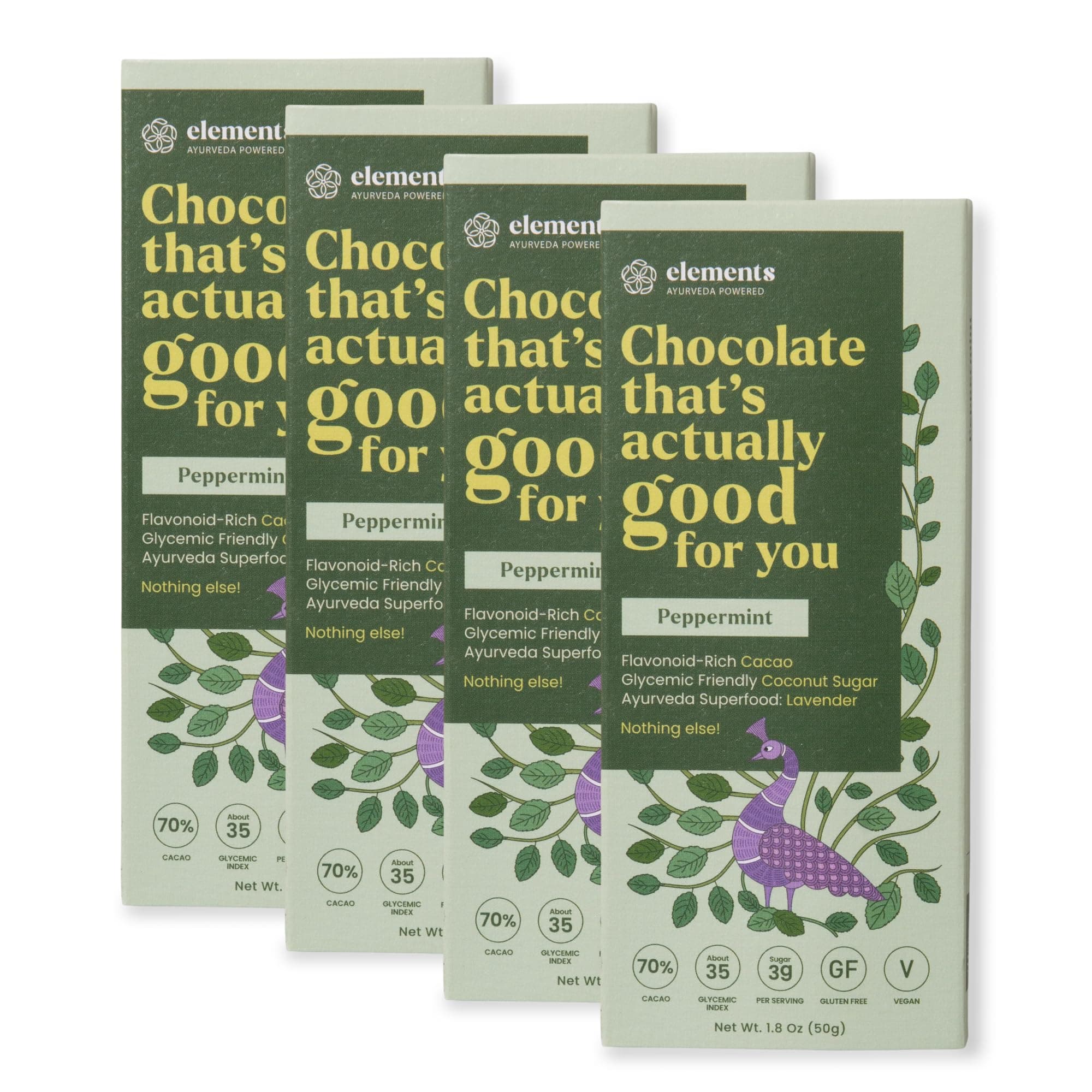 Peppermint Bar w/Lavender- Heavy Metal Tested- Dairy Free Chocolate Bar - Paleo, Gluten Free, Non-GMO, Raw & Organic Chocolate - Ayurveda Inspired Healthy Chocolate Bar - 4 Pack