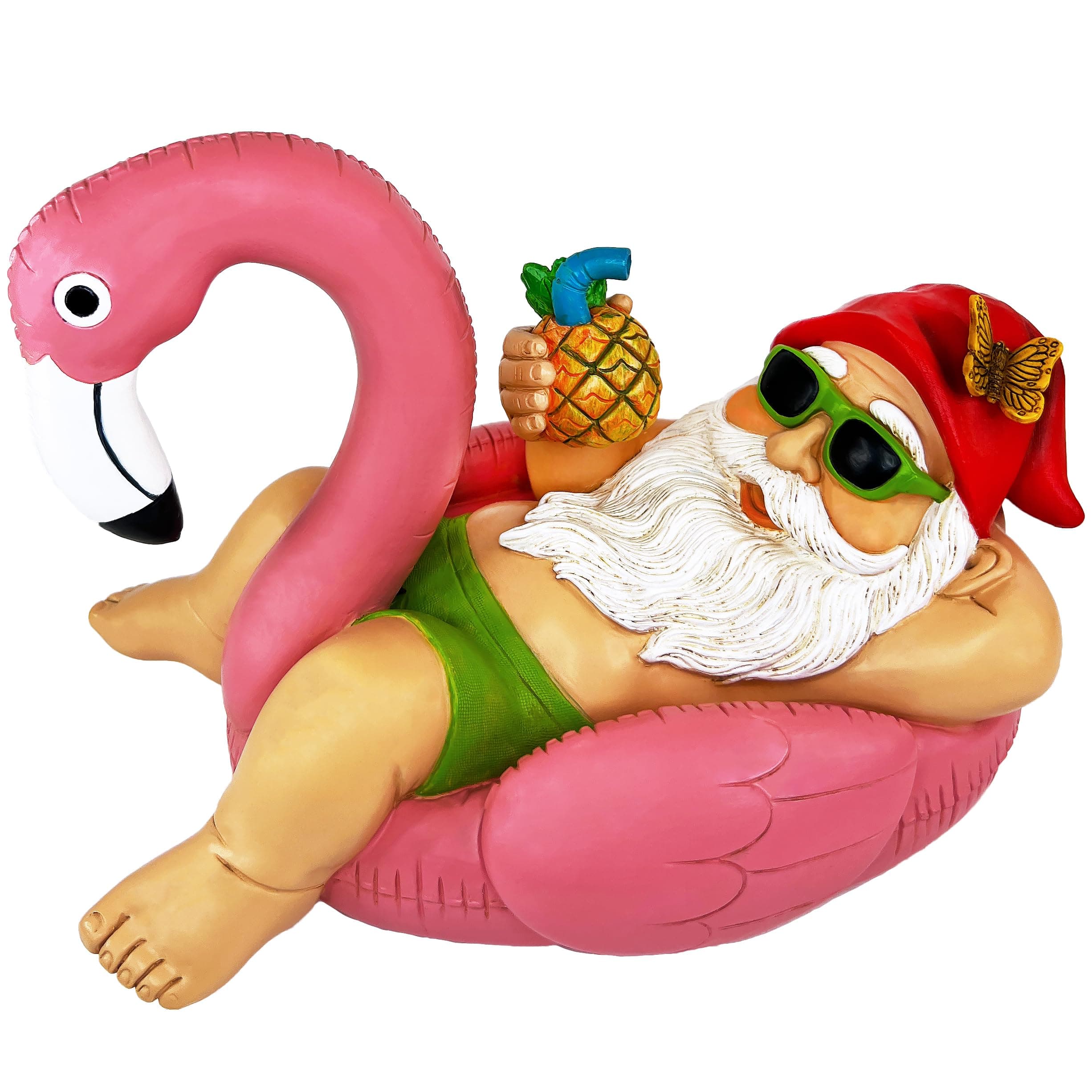 Mood Lab Garden Gnome on Flamingo - Funny Gnome Figurine - 8 Inch Depth Lawn Statue - for Outdoor or House Decor