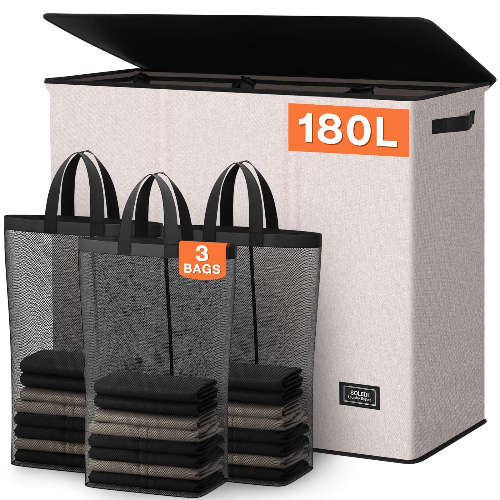 180L 3-Section Laundry Hamper with Lid, Extra Large Dirty Clothes Basket with Sturdy Handles for Laundry Room & Bedroom - Durable Organizer for Sorting Laundry