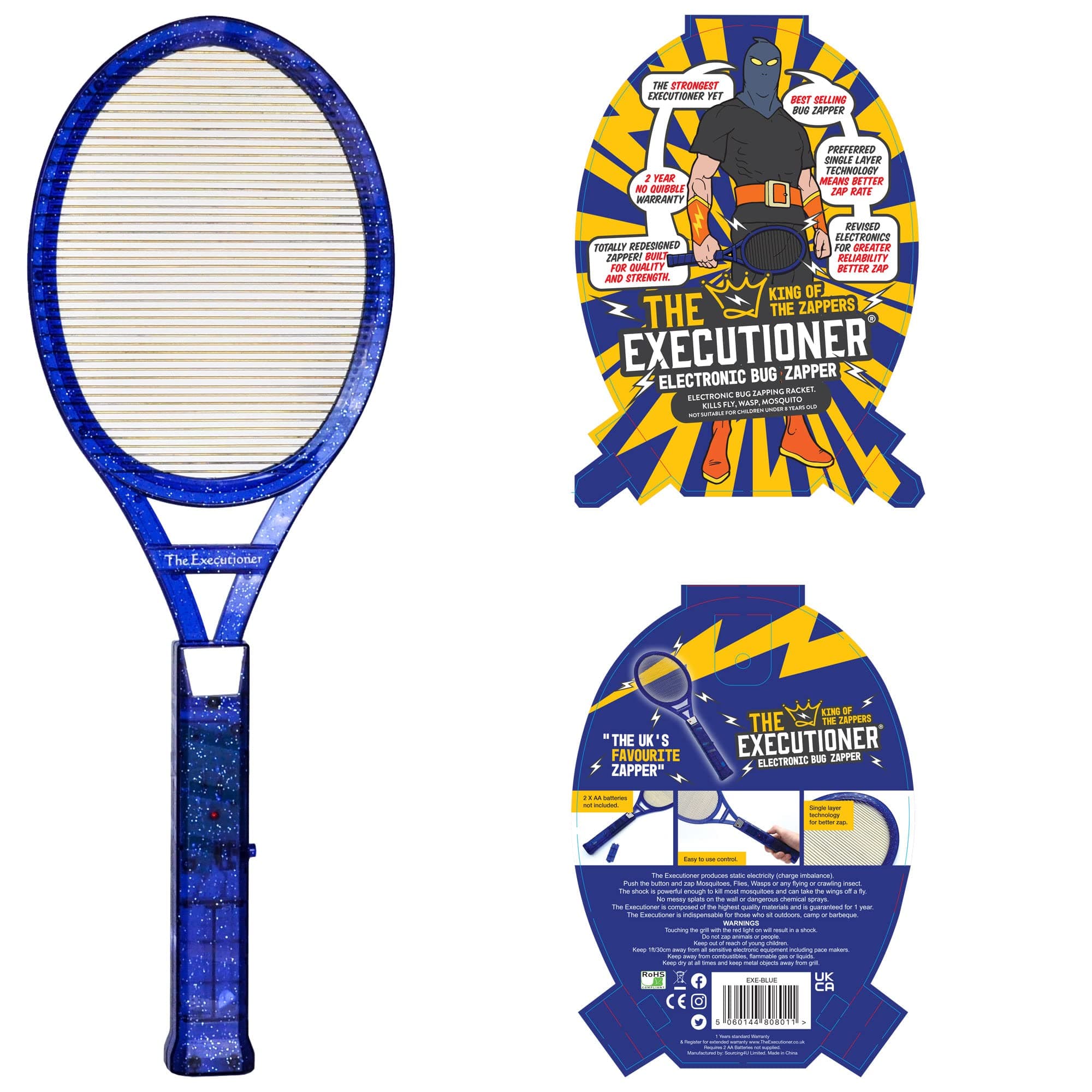 The Executioner Fly Zapper Mosquito, Wasp, Bug, Insect Killer Swatter Electric Fly Zapper Racket Single Layer for Efficient Zapping Indoor Outdoor (Blue)