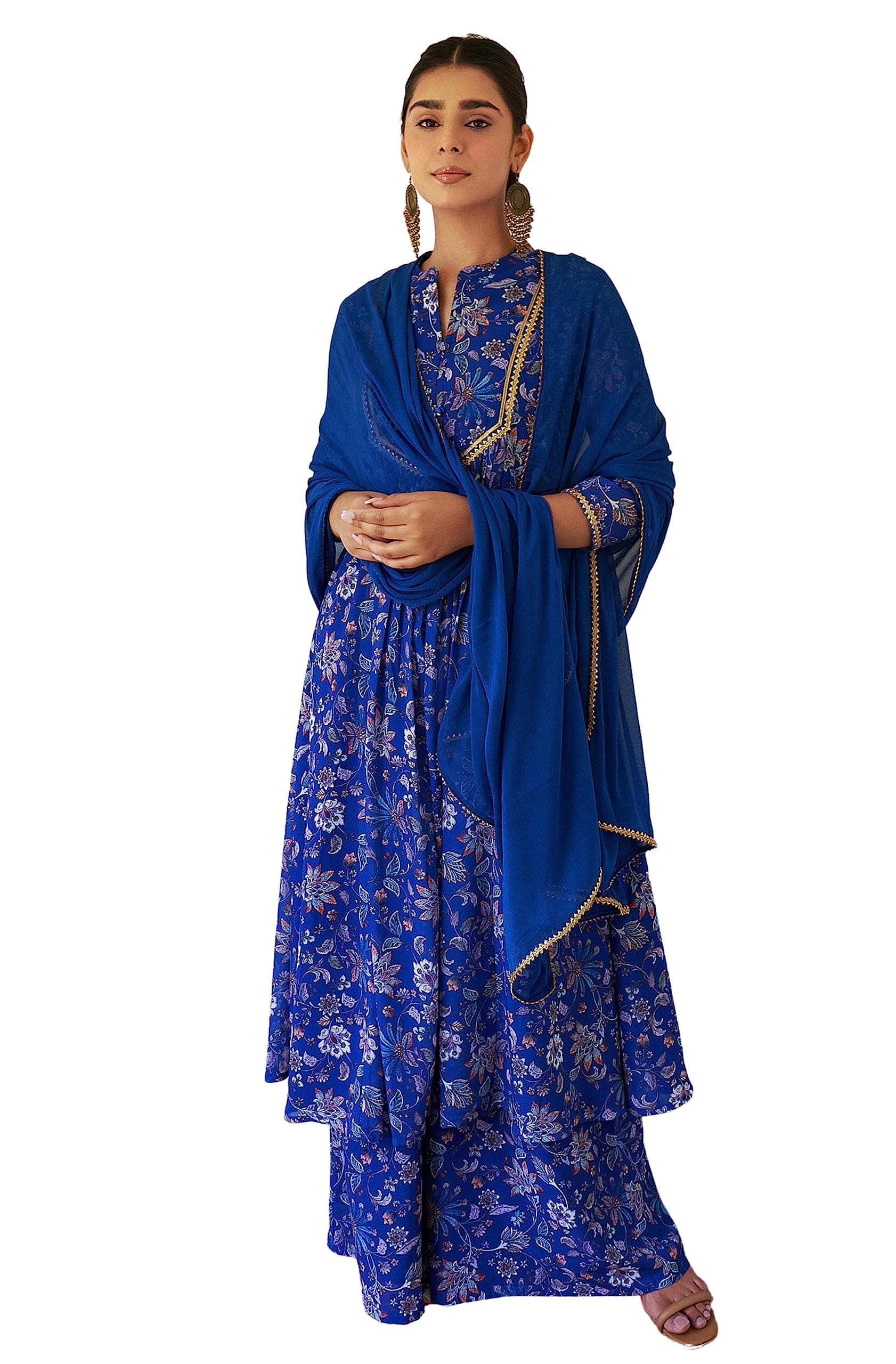 Indian Women's Flowy Floral Printed Kurta Kurti Top Tunic Festive Wedding Party wear Kurta with Pant and Dupatta